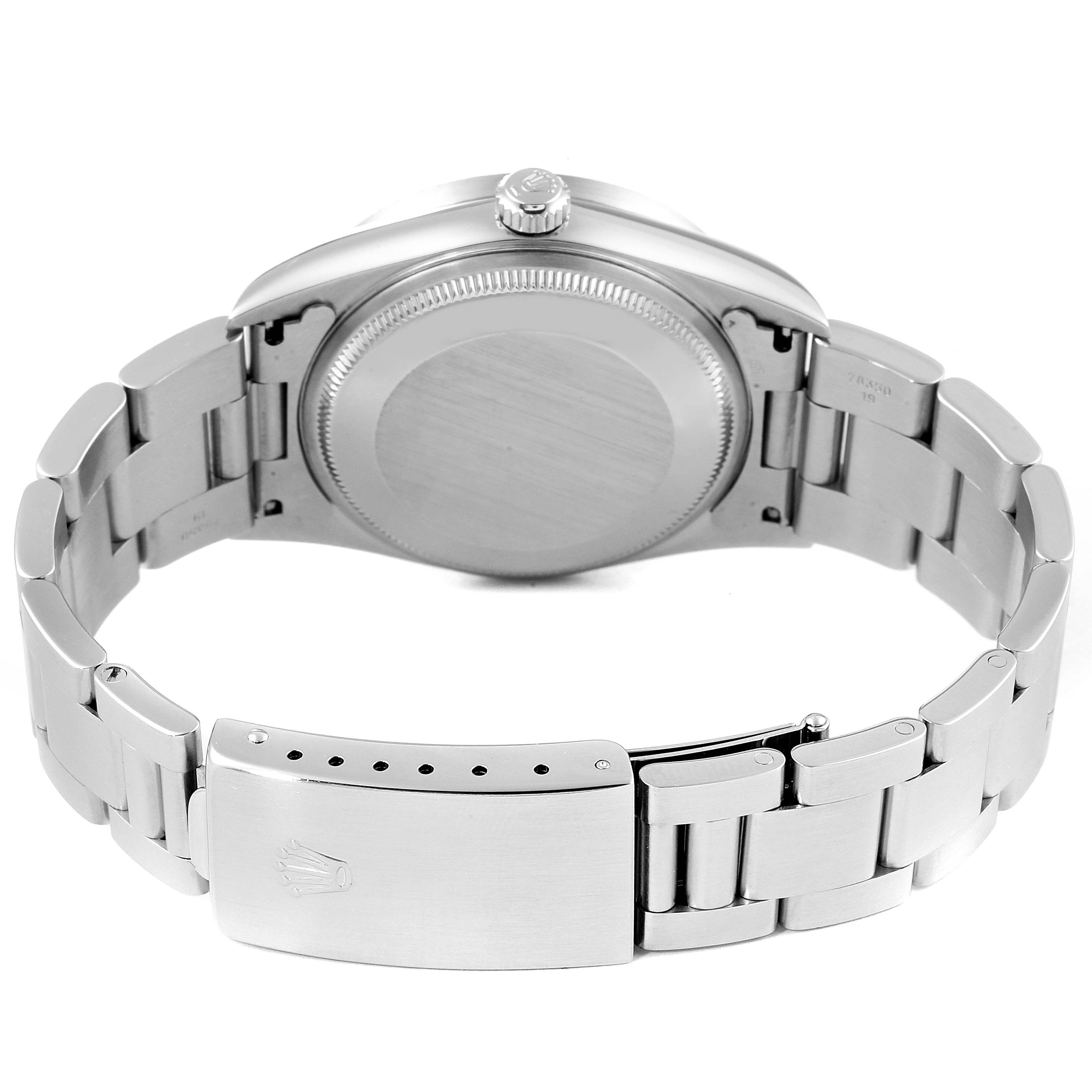 The image shows the back and bracelet of a Rolex Air-King 14010 Men's Stainless Steel Blue Dial 14010 Men's Stainless Steel Blue Dial watch from a rear angle.