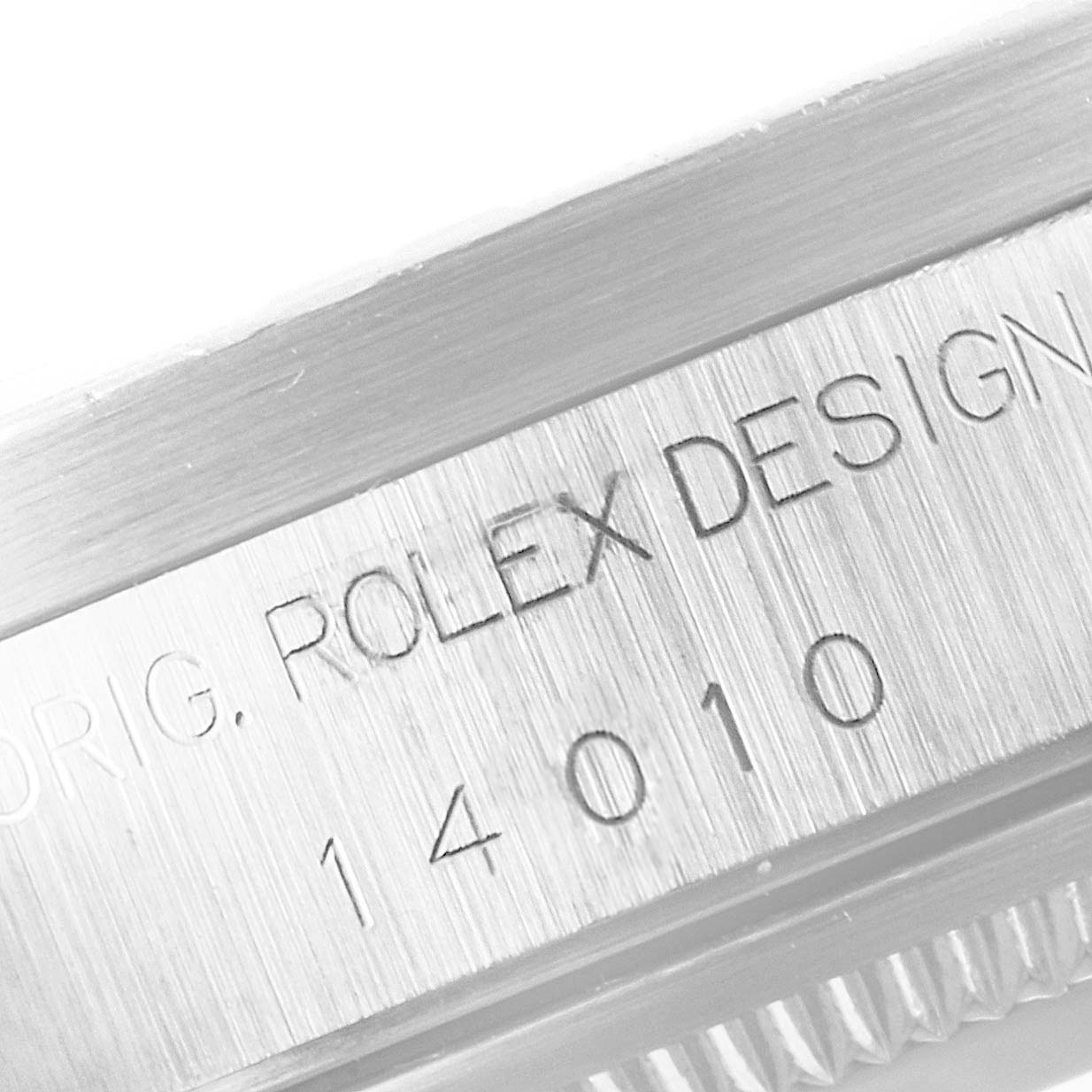The image shows a close-up of the case side, displaying "ROLEX DESIGN" and the model number of the Rolex Air-King 14010 Men's Stainless Steel Blue Dial 14010 Men's Stainless Steel Blue Dial.