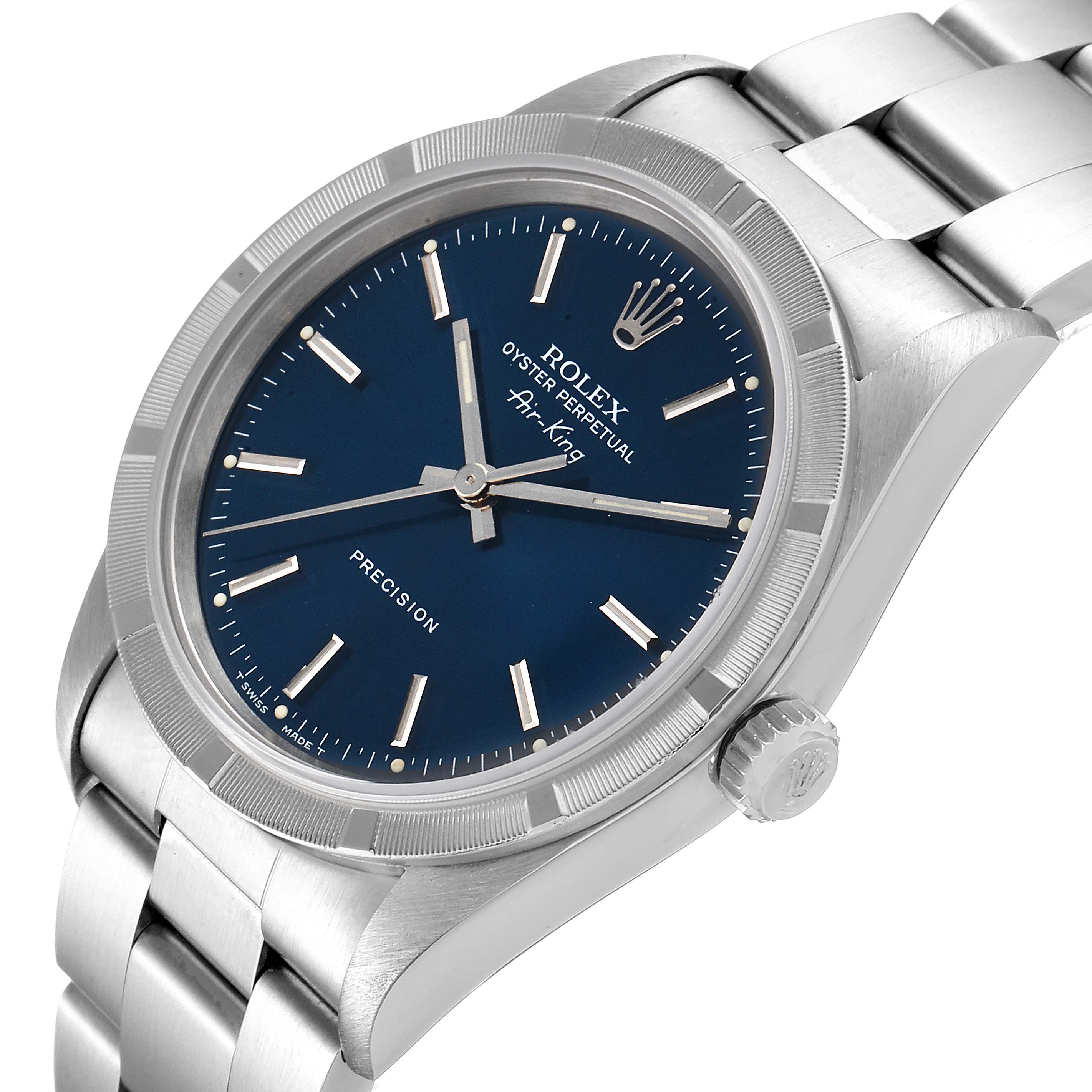The image shows a Rolex Air-King 14010 Men's Stainless Steel Blue Dial 14010 Men's Stainless Steel Blue Dial watch at an angled top-down view, focusing on the face, bezel, and part of the bracelet.
