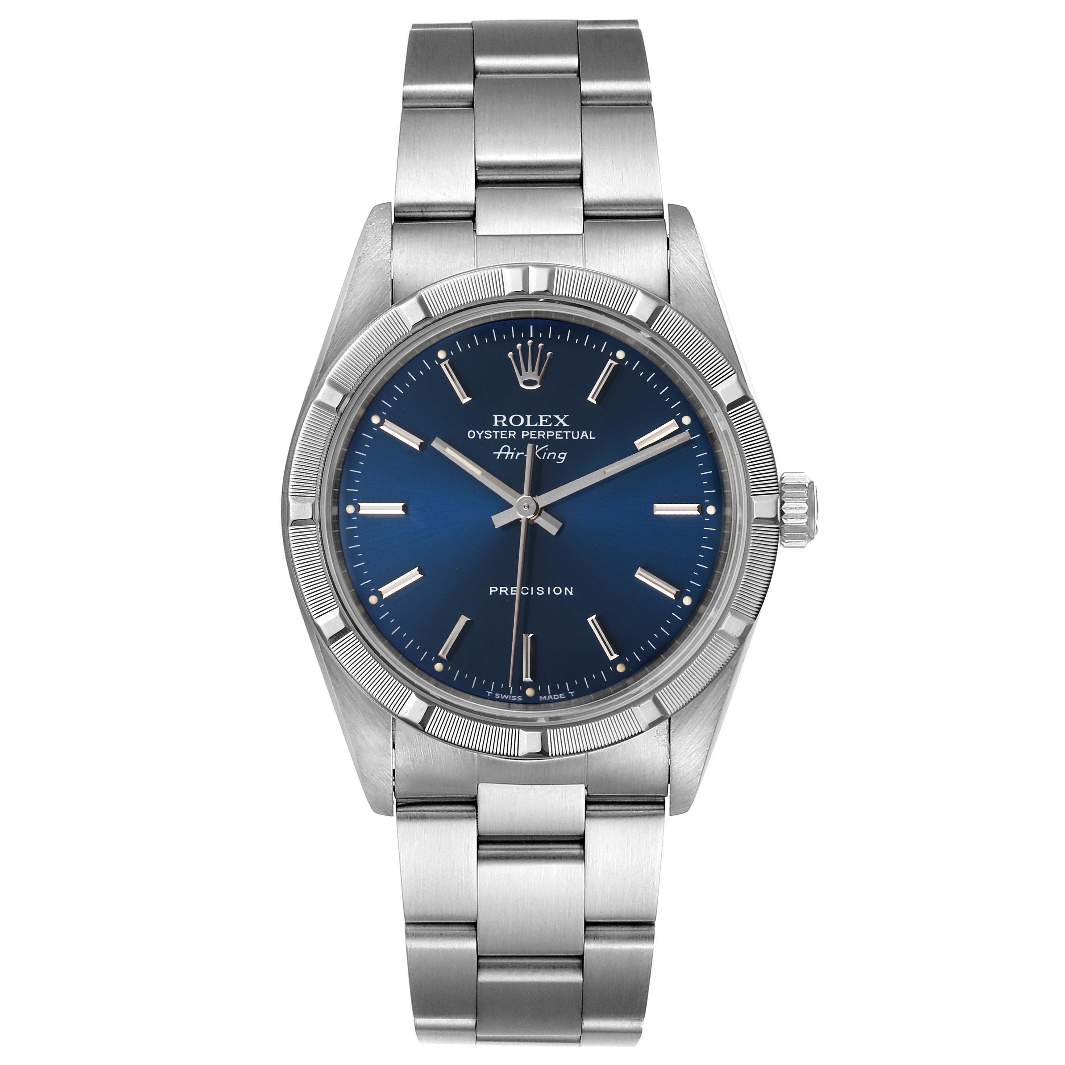 The image shows a front view of the Rolex Air-King 14010 Men's Stainless Steel Blue Dial 14010 Men's Stainless Steel Blue Dial watch, displaying its blue dial, stainless steel case, and bracelet.