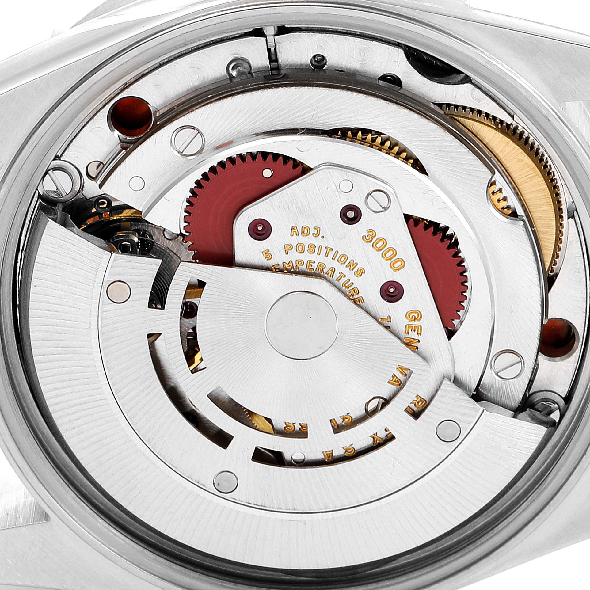 This is a close-up view of the Rolex Air-King 14010 Men's Stainless Steel Blue Dial 14010 Men's Stainless Steel Blue Dial watch movement showing its internal mechanical components.