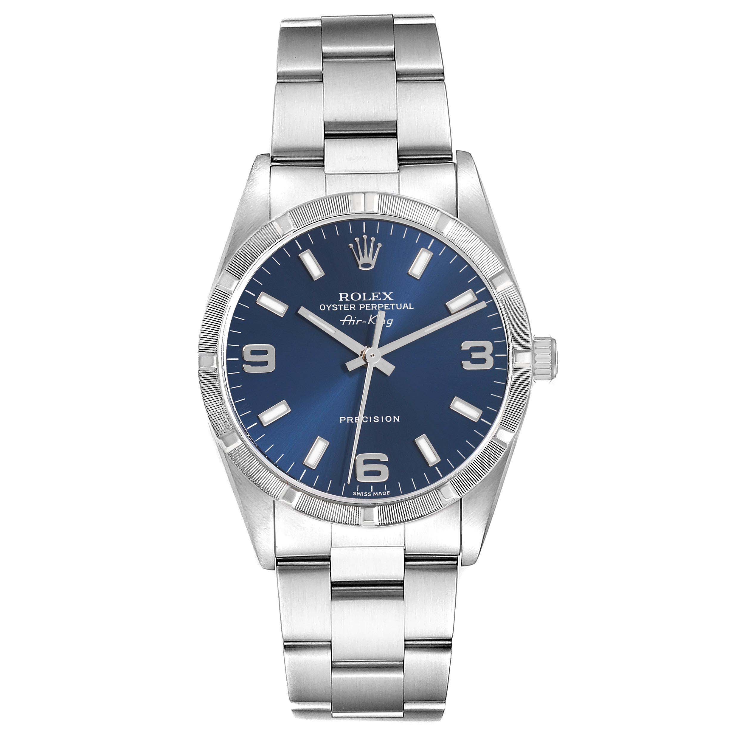 The Rolex Air-King 14010 Men's Stainless Steel Blue Dial 14010 Men's Stainless Steel Blue Dial watch is shown from a front angle, displaying the blue dial, silver hour markers, and stainless steel bracelet.
