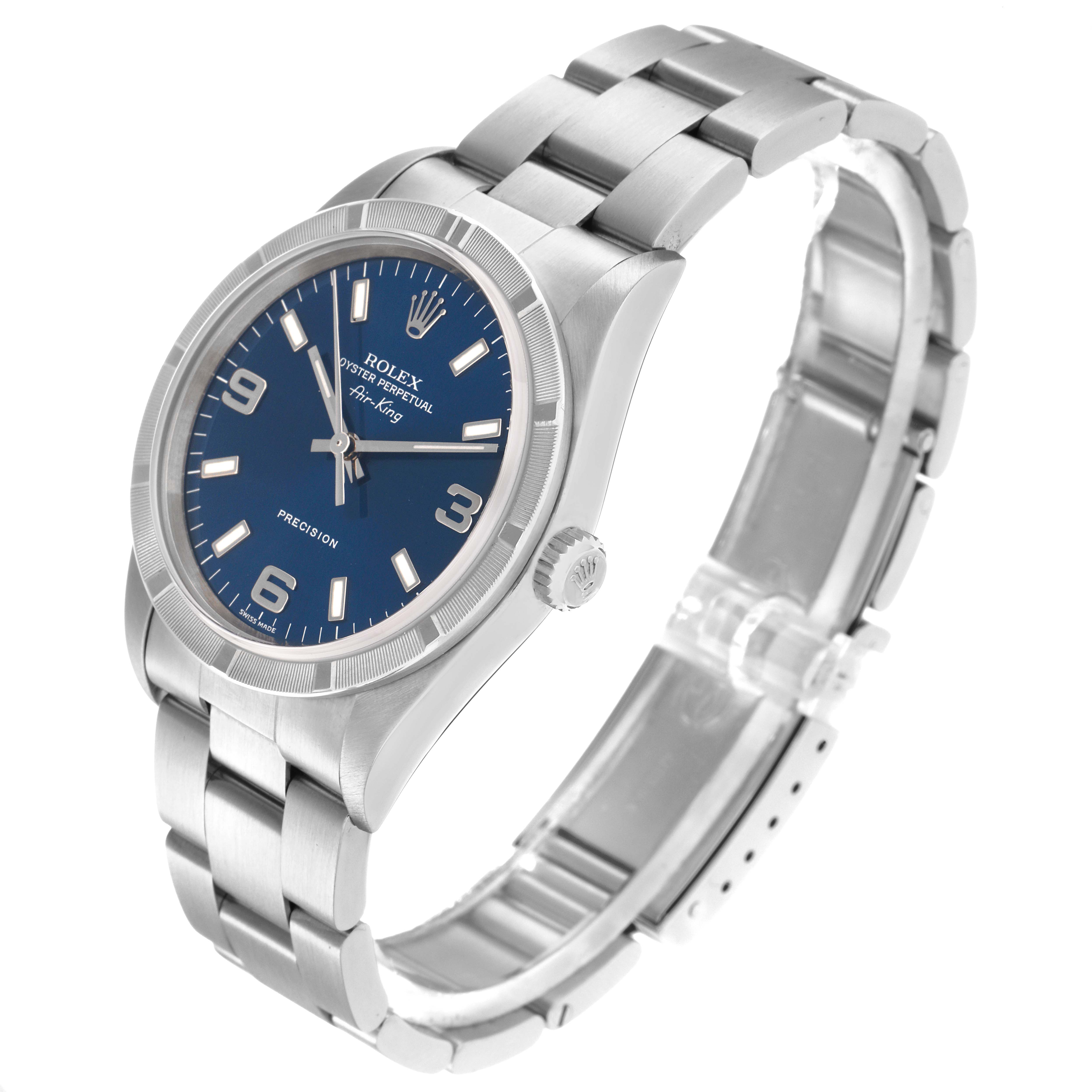 The Rolex Air-King 14010 Men's Stainless Steel Blue Dial 14010 Men's Stainless Steel Blue Dial watch is shown at an angle highlighting the face, bezel, crown, and stainless steel bracelet.