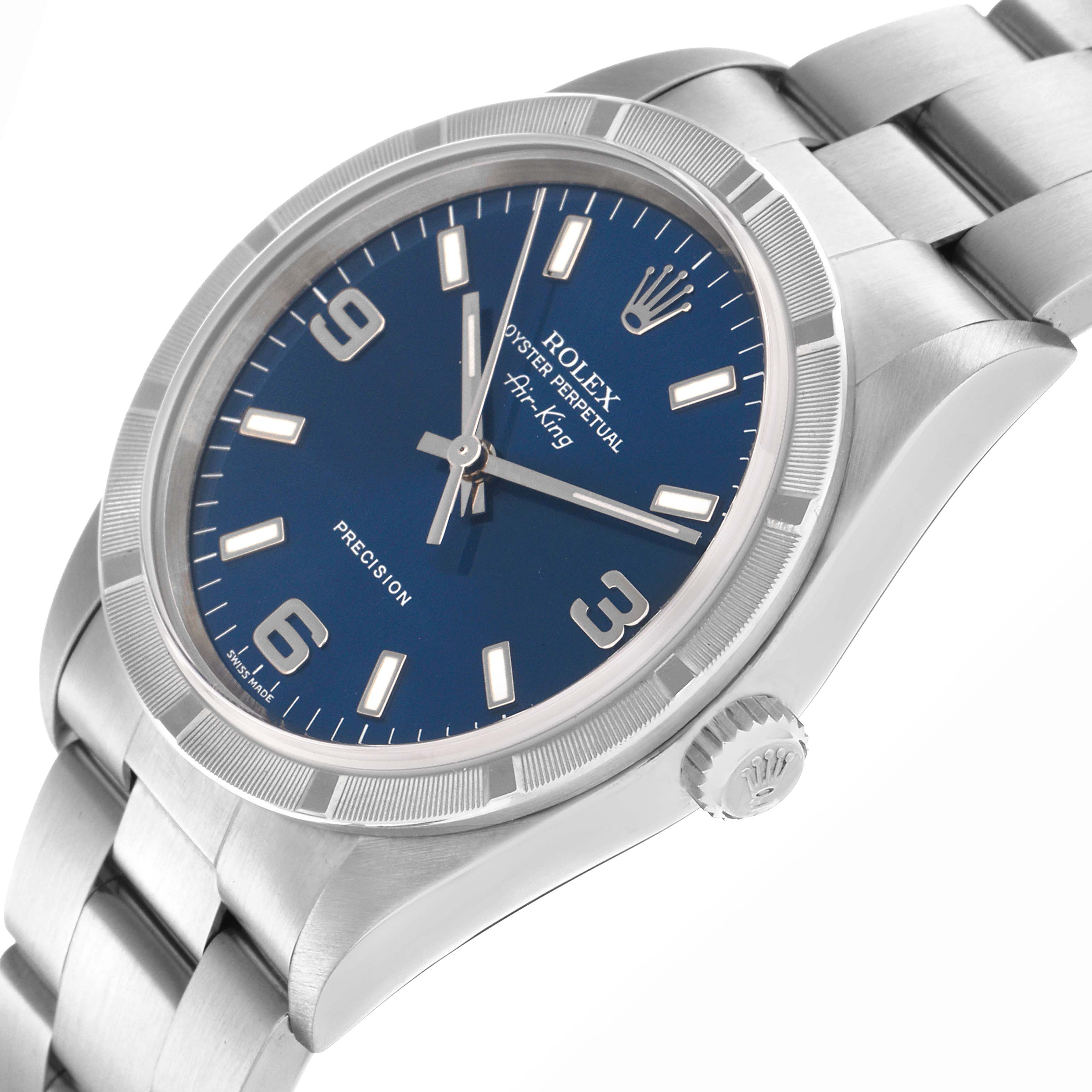 The Rolex Air-King 14010 Men's Stainless Steel Blue Dial 14010 Men's Stainless Steel Blue Dial watch is shown at a three-quarter angle, highlighting the blue dial, crown, and stainless steel bracelet.