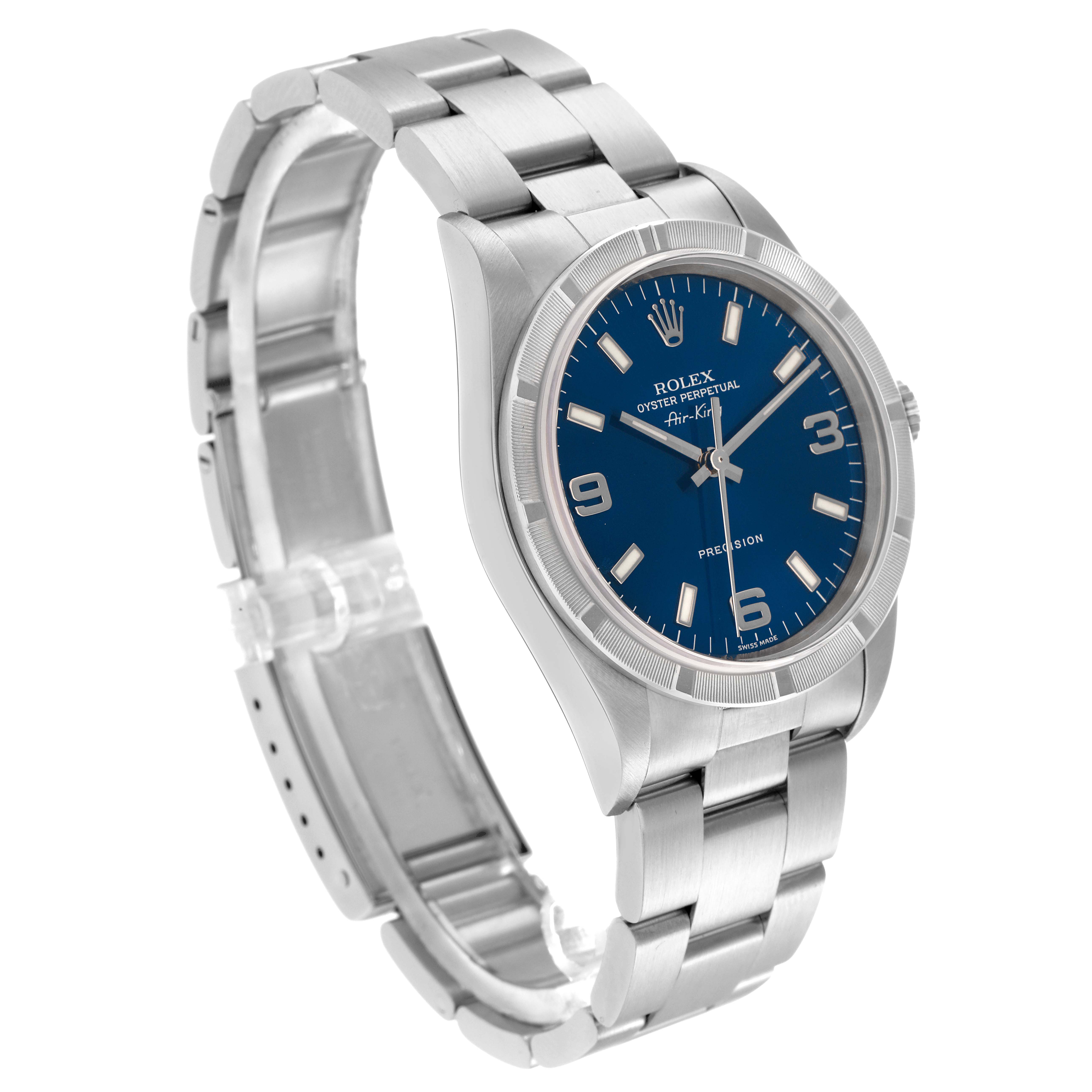 The Rolex Air-King 14010 Men's Stainless Steel Blue Dial 14010 Men's Stainless Steel Blue Dial watch is shown at a three-quarter angle, highlighting its blue dial, stainless steel case, and bracelet.