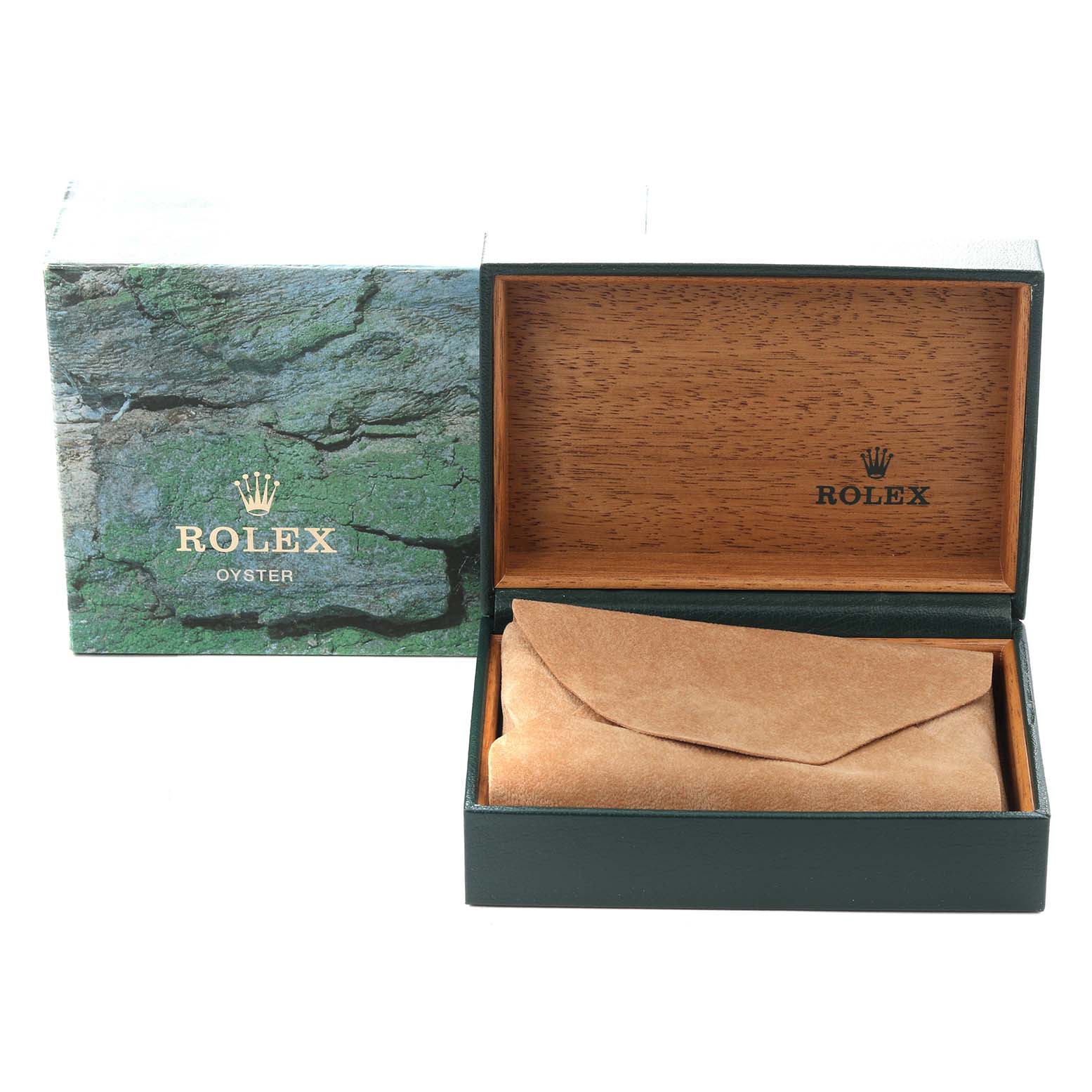 The image shows an open Rolex Air-King 14010 Men's Stainless Steel Blue Dial 14010 Men's Stainless Steel Blue Dial watch box, revealing its wooden interior and a suede cushion.