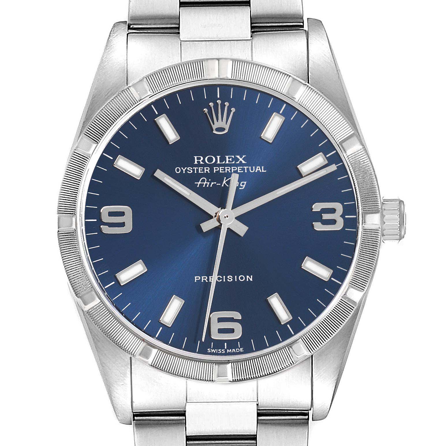 The Rolex Air-King 14010 Men's Stainless Steel Blue Dial 14010 Men's Stainless Steel Blue Dial watch is shown from the front, displaying its blue dial, hour markers, hands, and part of the bracelet.