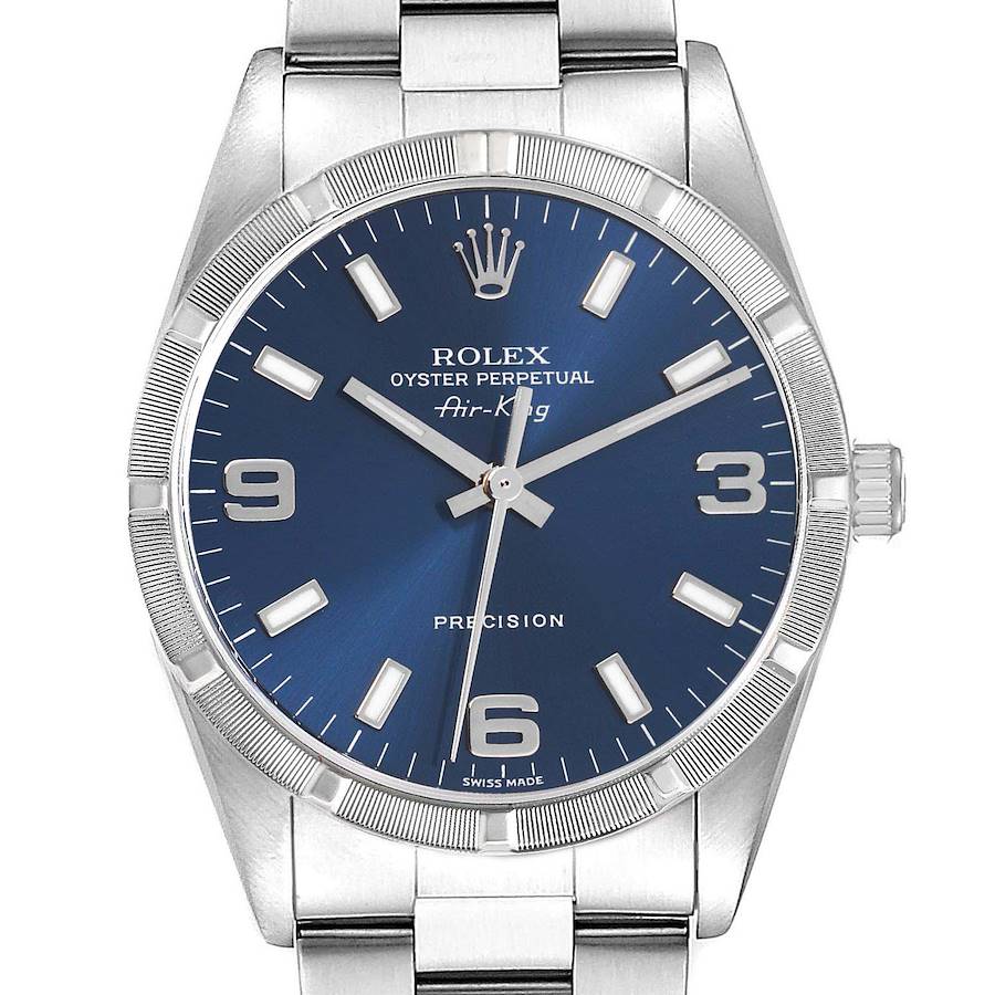 The Rolex Air-King watch is shown from the front, displaying its blue dial, hour markers, hands, and part of the bracelet.