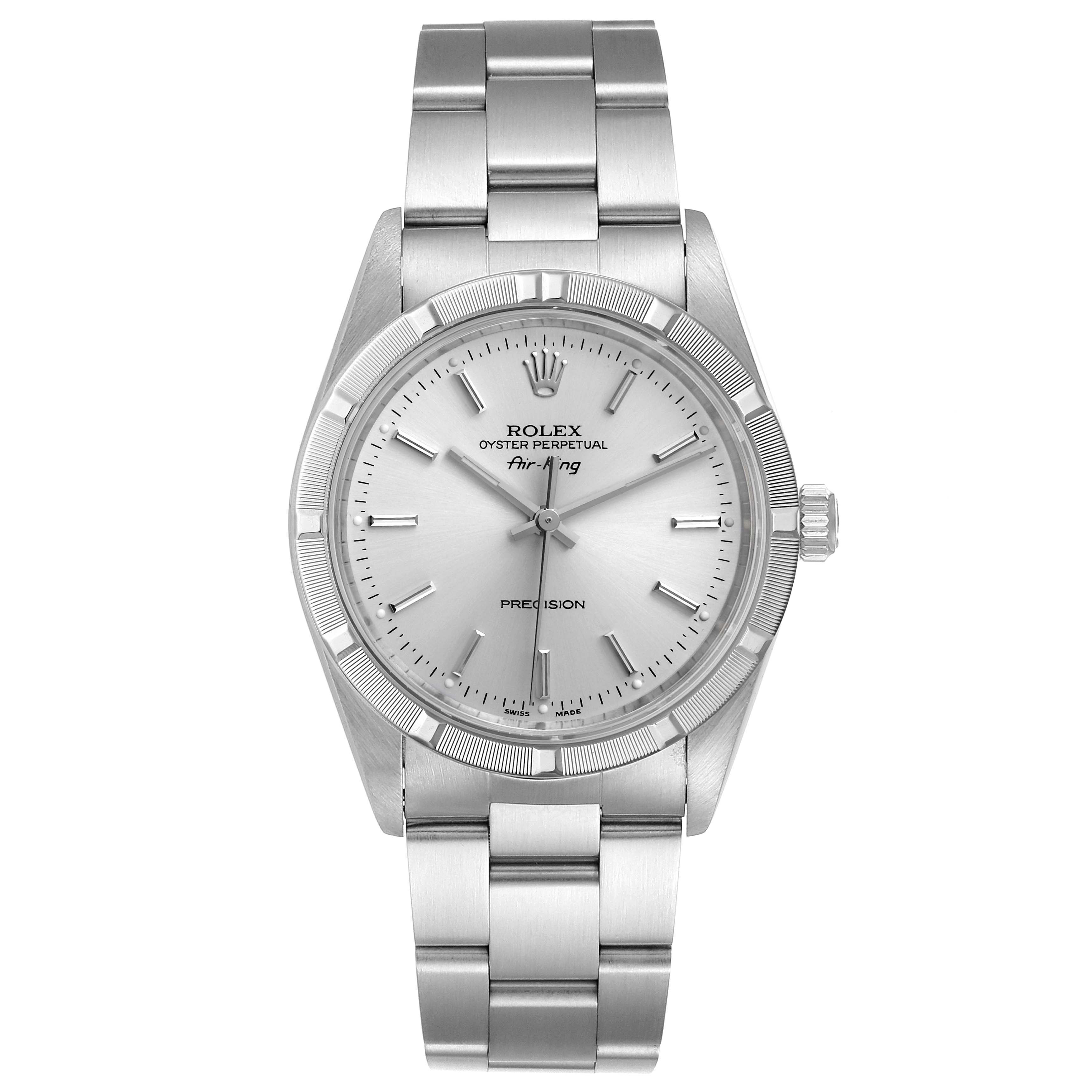 This image shows a front view of a Rolex Air-King 14010 Men's Stainless Steel Silver Dial 14010 Men's Stainless Steel Silver Dial watch, displaying its dial, bezel, crown, and bracelet.
