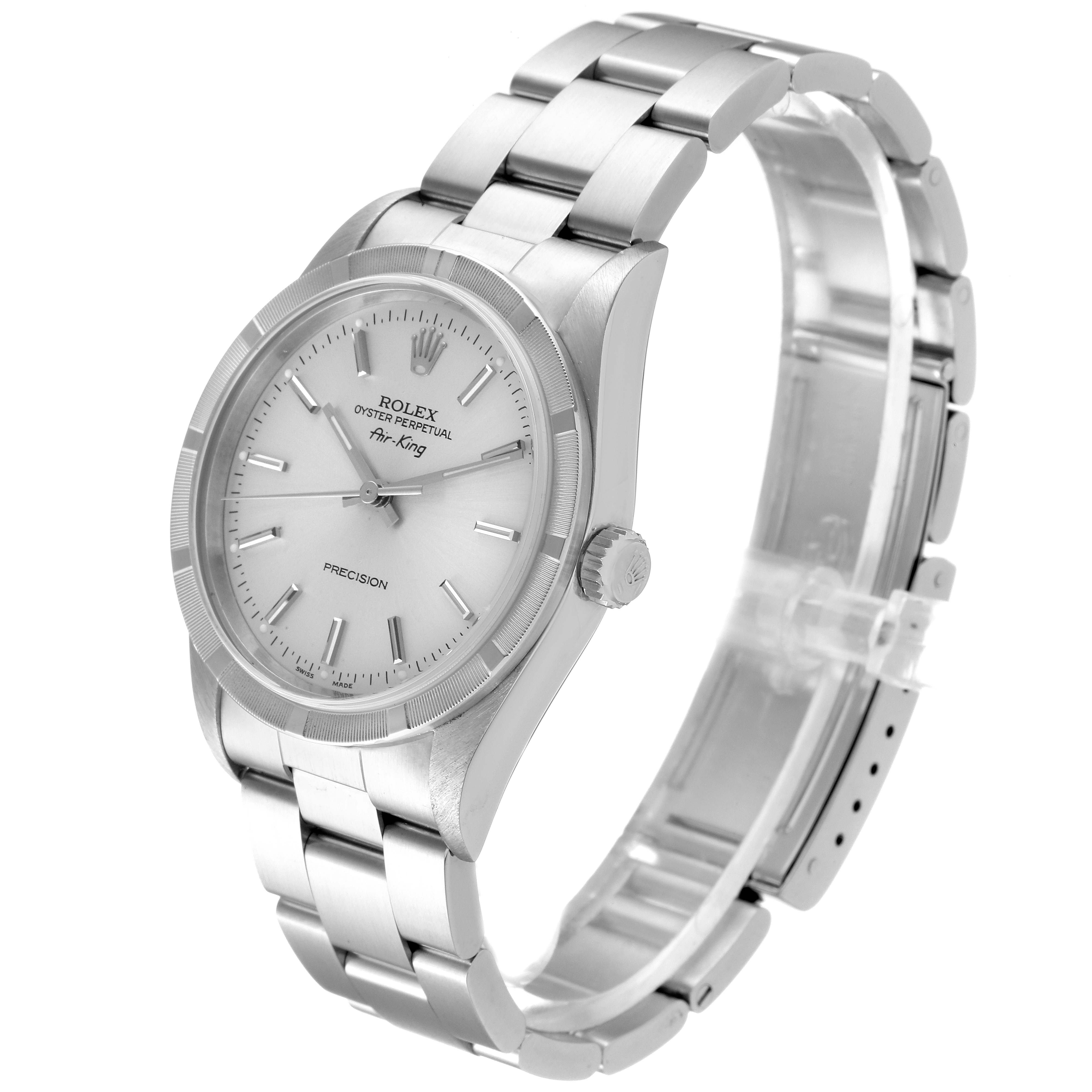 This Rolex Air-King 14010 Men's Stainless Steel Silver Dial 14010 Men's Stainless Steel Silver Dial watch is shown at a side angle, displaying the face, bezel, crown, and bracelet.