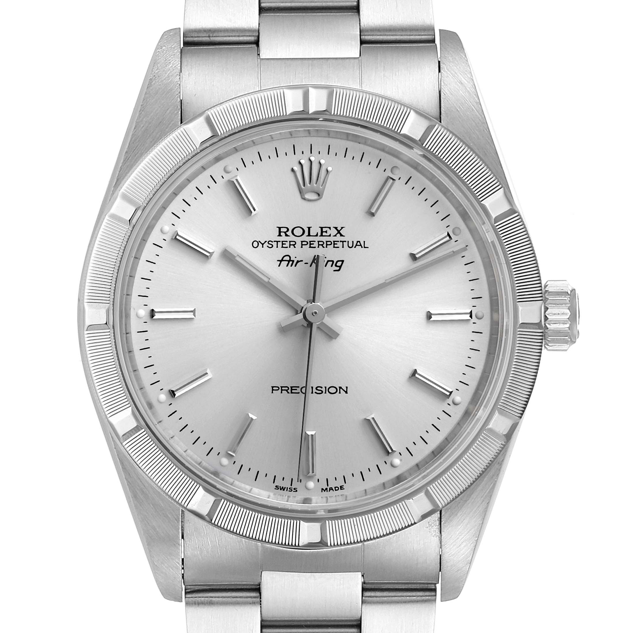 The image shows a front view of a Rolex Air-King 14010 Men's Stainless Steel Silver Dial 14010 Men's Stainless Steel Silver Dial watch, highlighting the dial, bezel, and part of the bracelet.