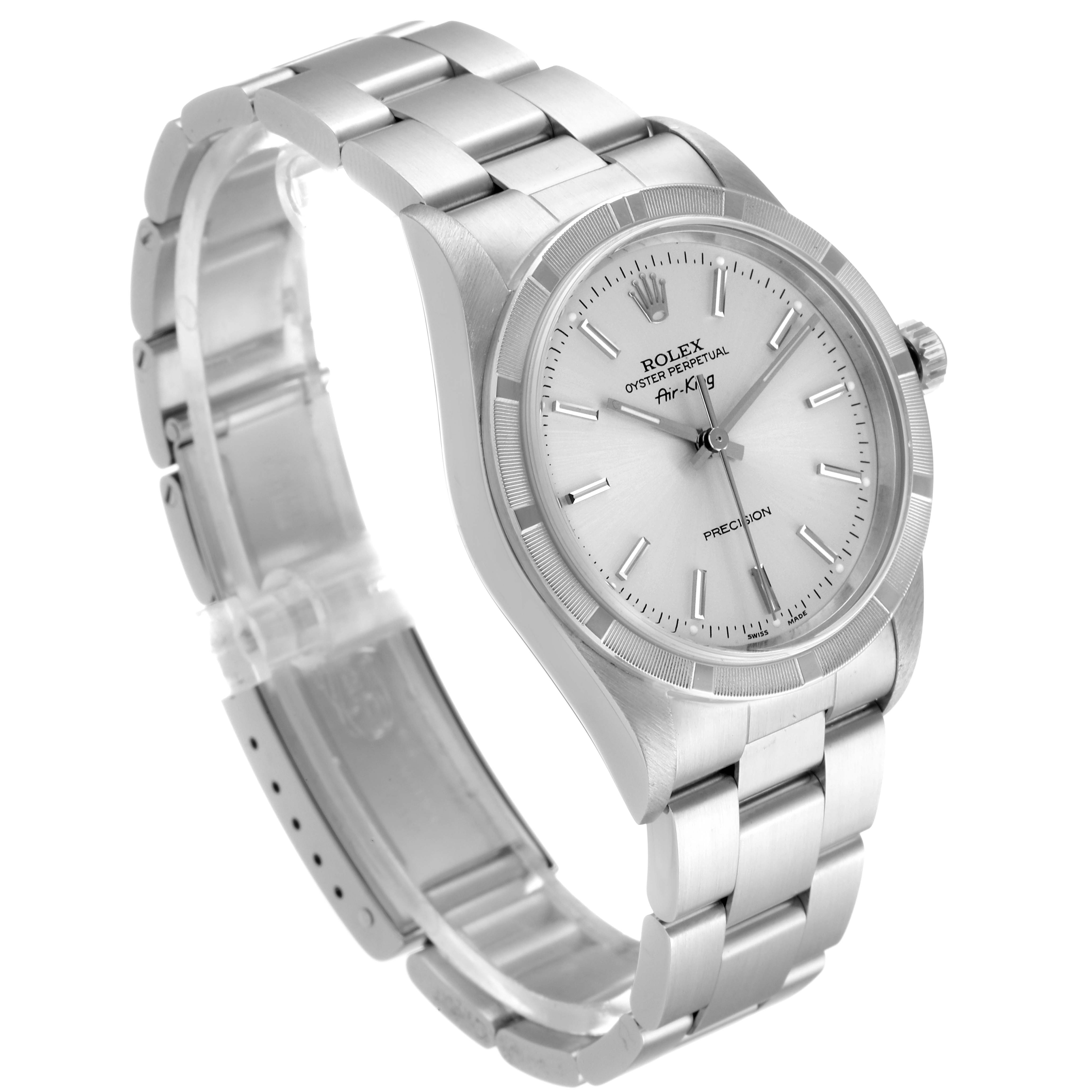The image shows a Rolex Air-King 14010 Men's Stainless Steel Silver Dial 14010 Men's Stainless Steel Silver Dial watch angled to display the face, bezel, crown, and bracelet.