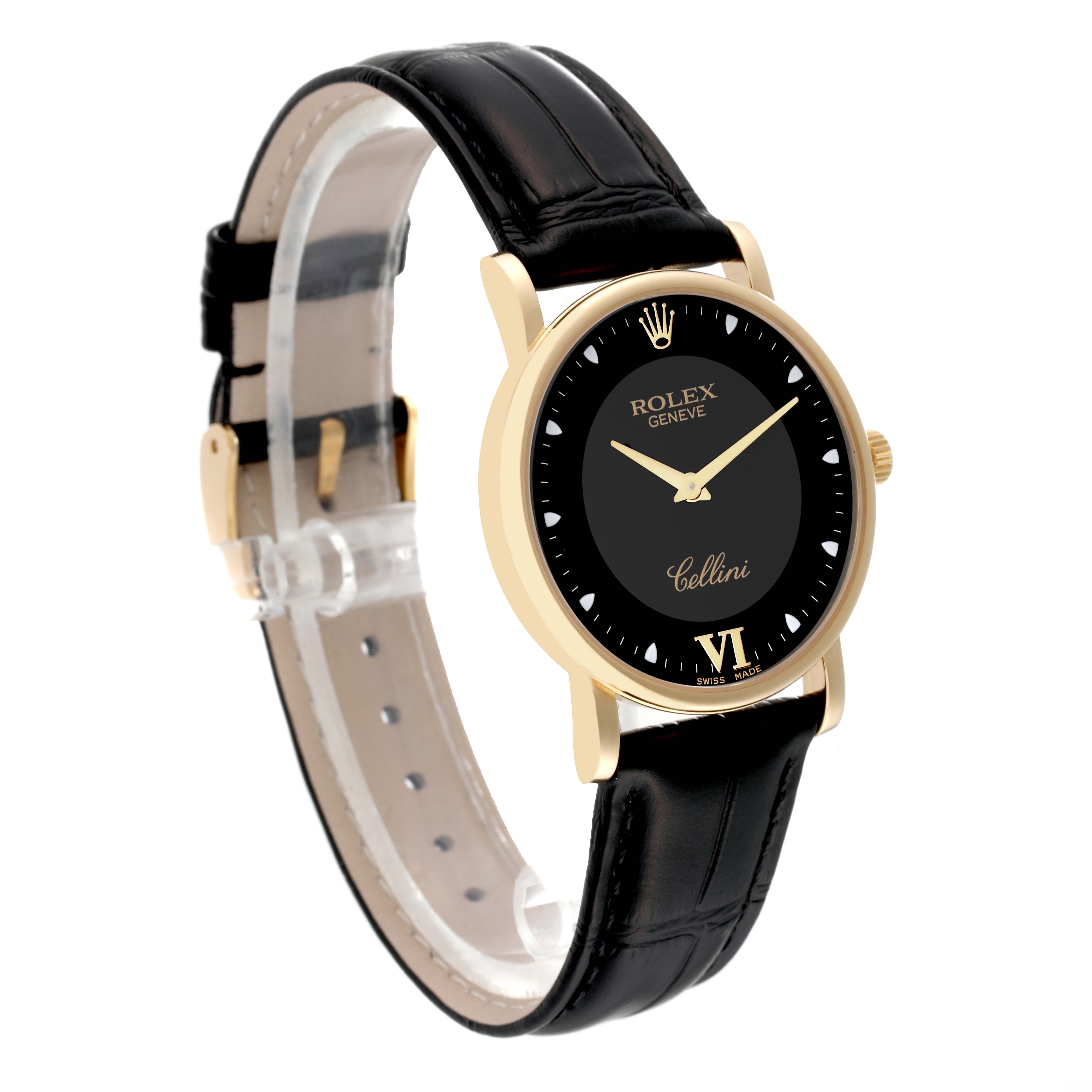 The image shows a side angle of the Rolex Cellini 5115 Men's Yellow Gold Black Dial 5115 Men's Yellow Gold Black Dial watch, highlighting its black dial, gold case, and black leather strap.