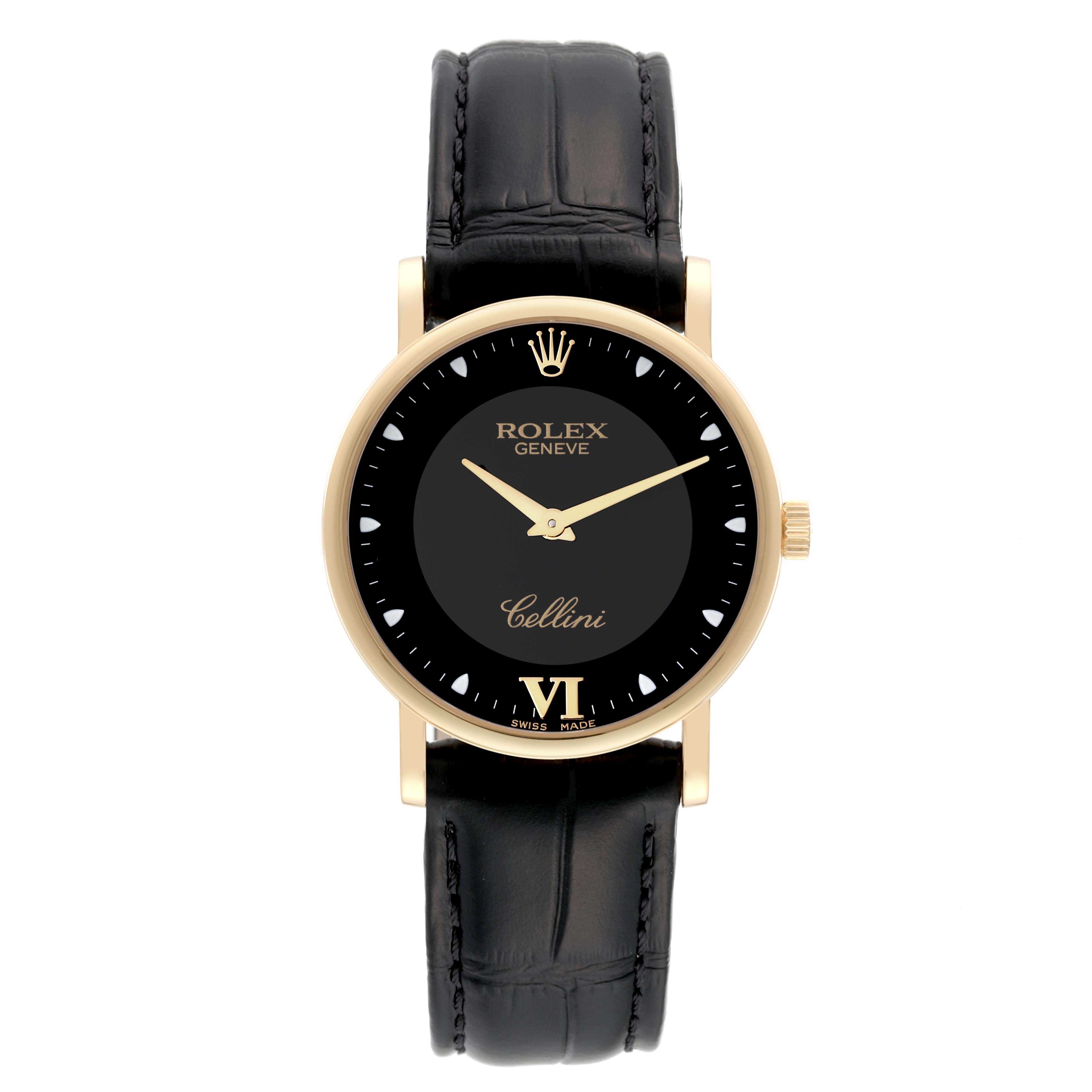 The image shows a Rolex Cellini 5115 Men's Yellow Gold Black Dial 5115 Men's Yellow Gold Black Dial watch from a front angle, featuring its black dial, gold casing, and black leather strap.