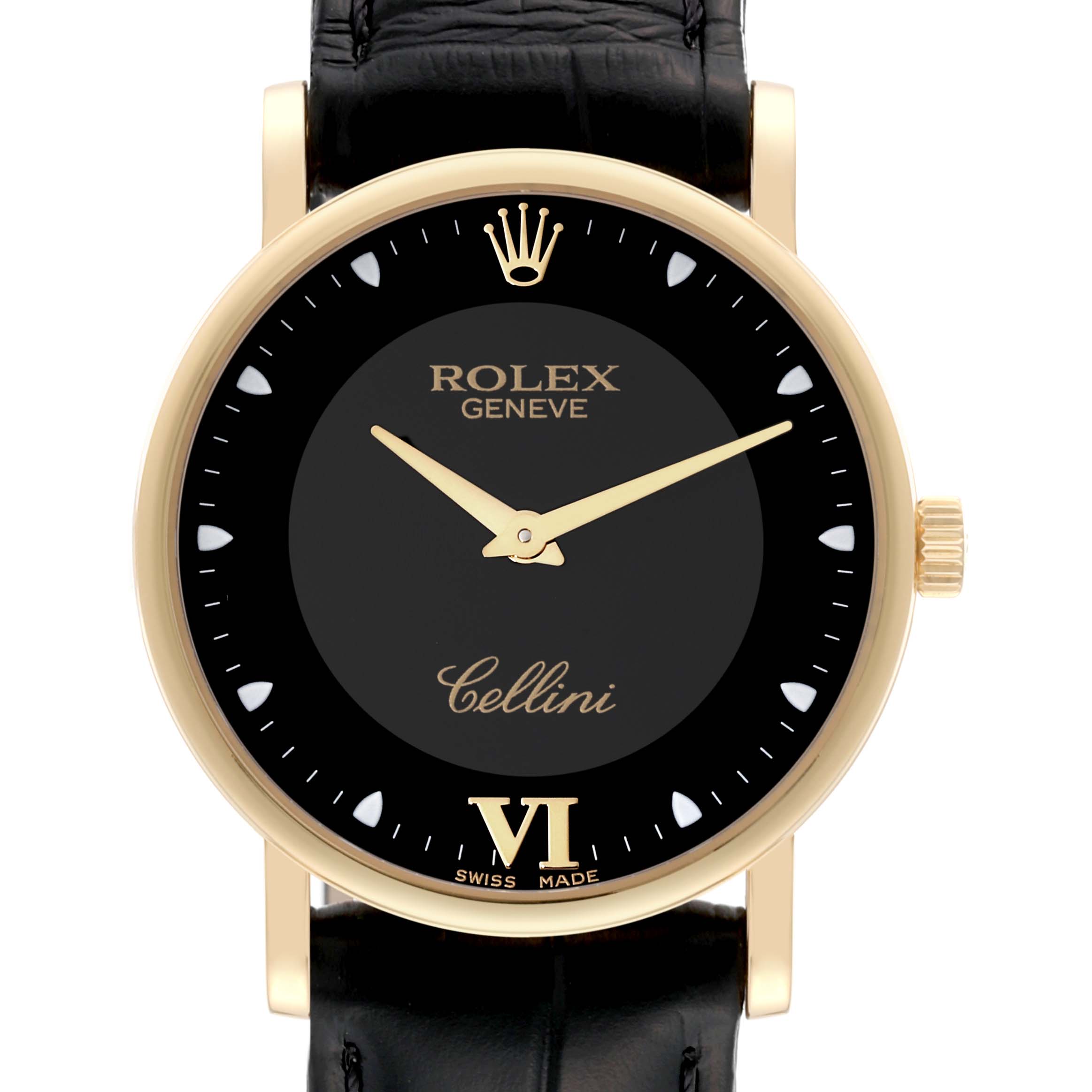 This Rolex Cellini 5115 Men's Yellow Gold Black Dial 5115 Men's Yellow Gold Black Dial watch is shown from the front, displaying the dial, hands, crown, and part of the leather strap.