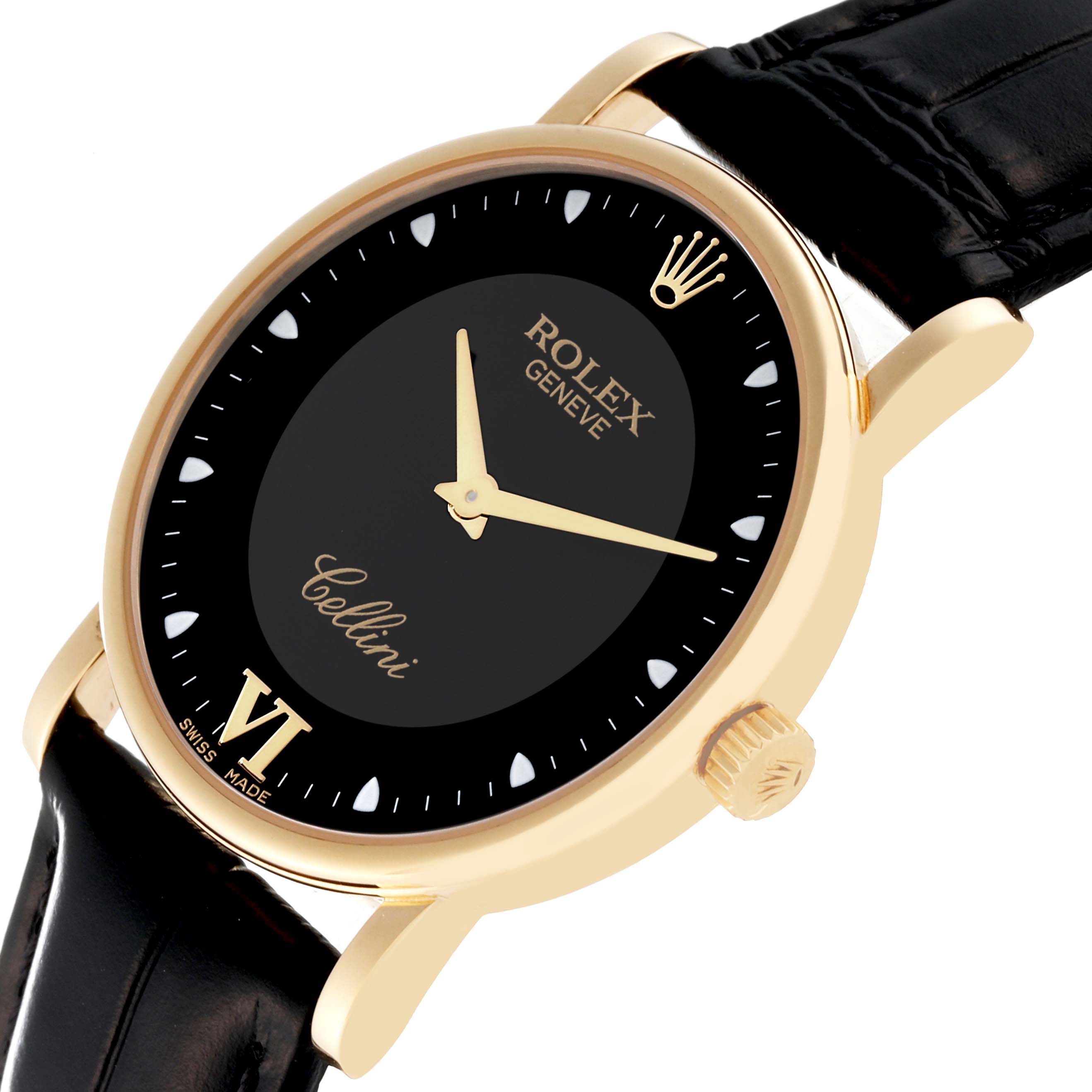 The Rolex Cellini 5115 Men's Yellow Gold Black Dial 5115 Men's Yellow Gold Black Dial watch is shown at an angled close-up, highlighting its gold bezel, black dial, and leather strap.