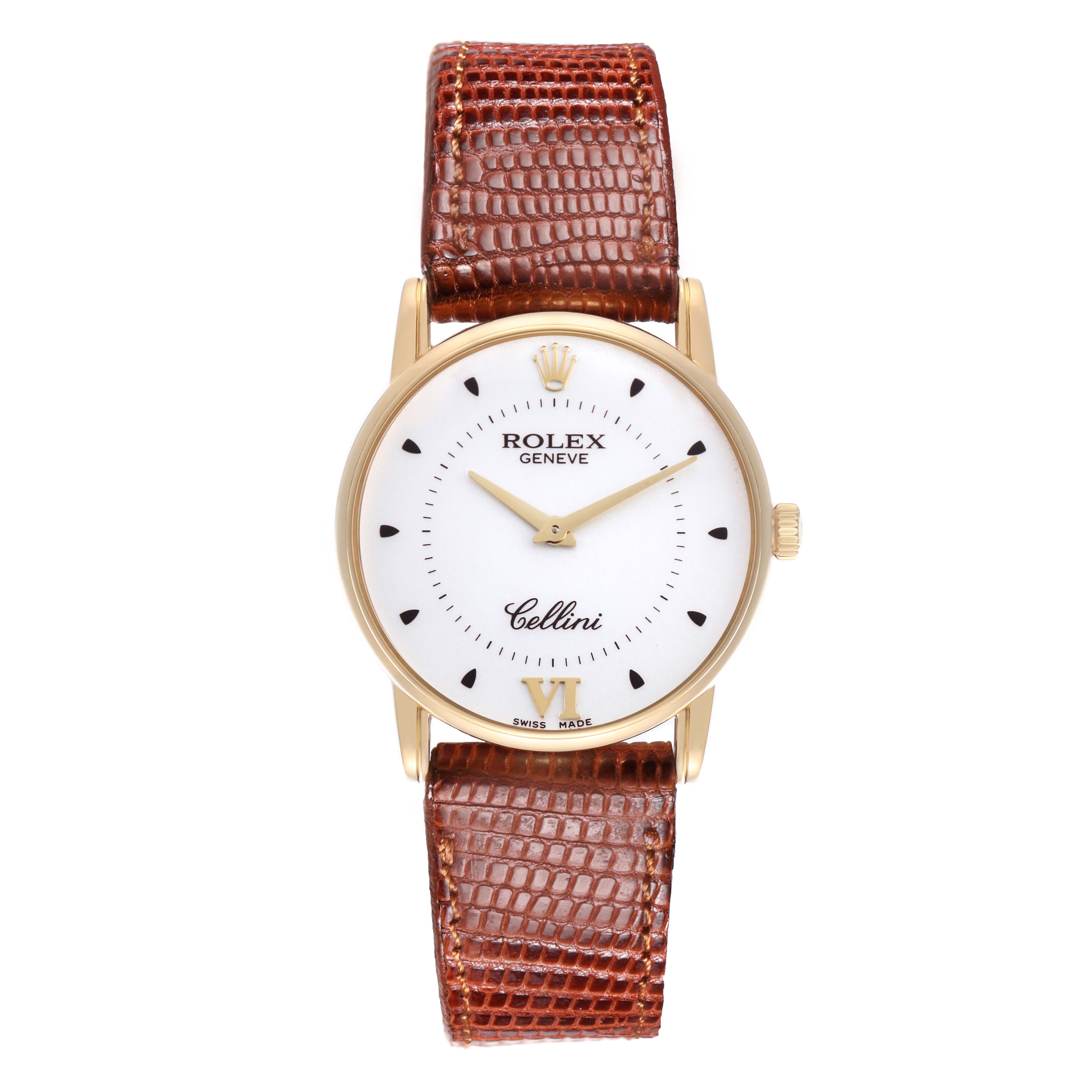 The Rolex Cellini 5116/8 Men's Yellow Gold Silver Dial 5116/8 Men's Yellow Gold Silver Dial watch is shown from a front view, displaying its dial, hands, and leather strap.