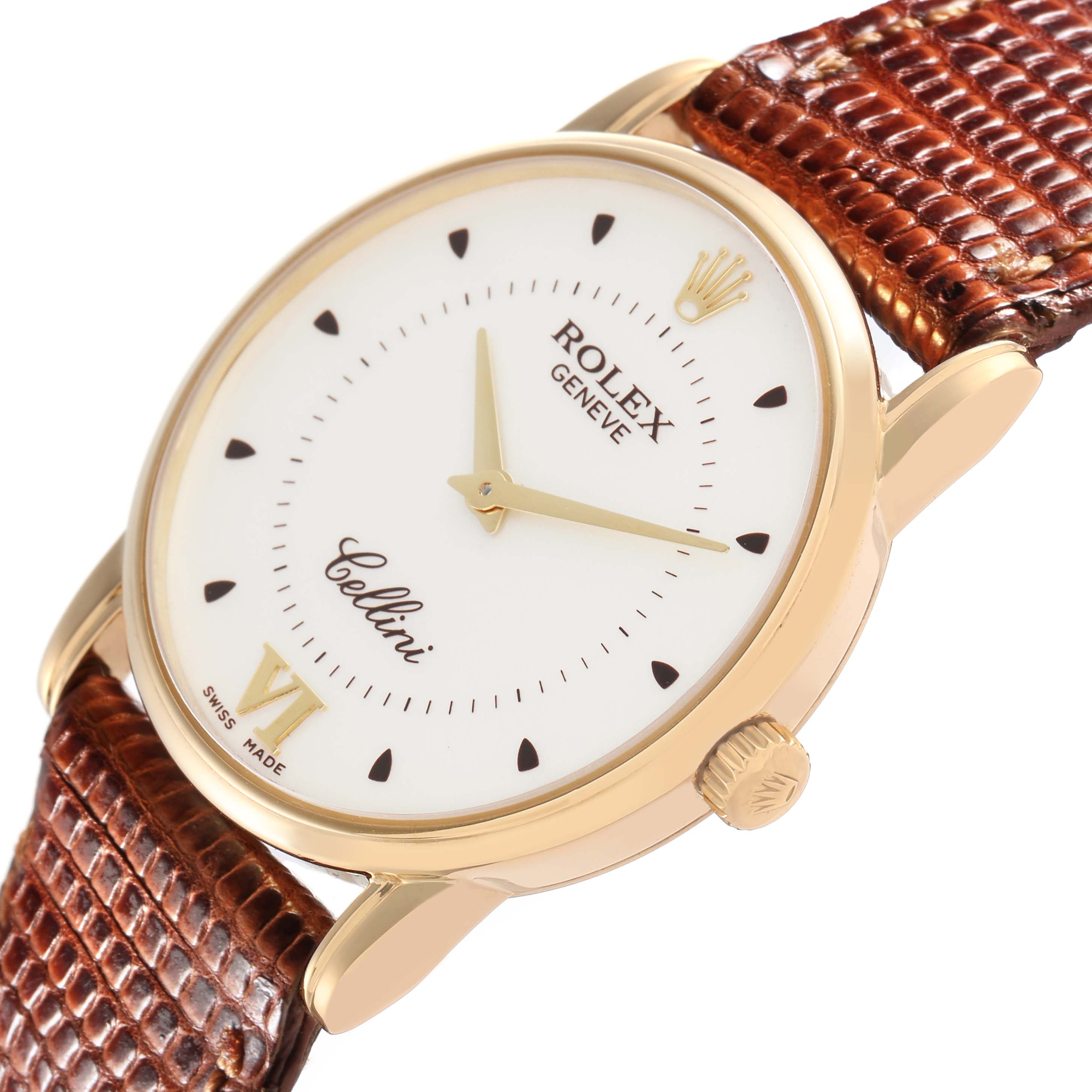 The Rolex Cellini 5116/8 Men's Yellow Gold Silver Dial 5116/8 Men's Yellow Gold Silver Dial watch is shown from a diagonal angle, highlighting the dial, crown, and part of the leather strap.