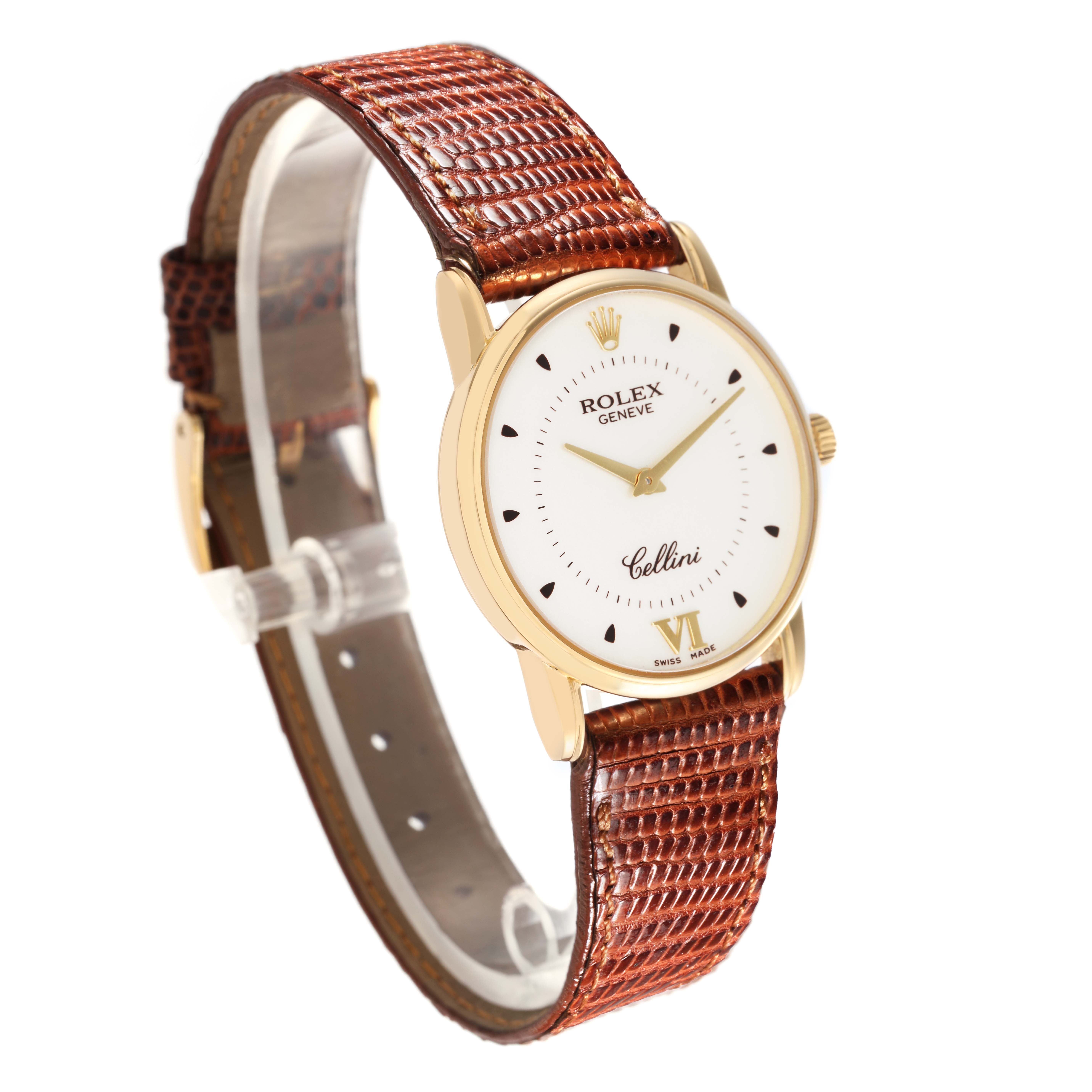 The Rolex Cellini 5116/8 Men's Yellow Gold Silver Dial 5116/8 Men's Yellow Gold Silver Dial watch is shown at a front angle, displaying the dial, case, crown, and leather strap.