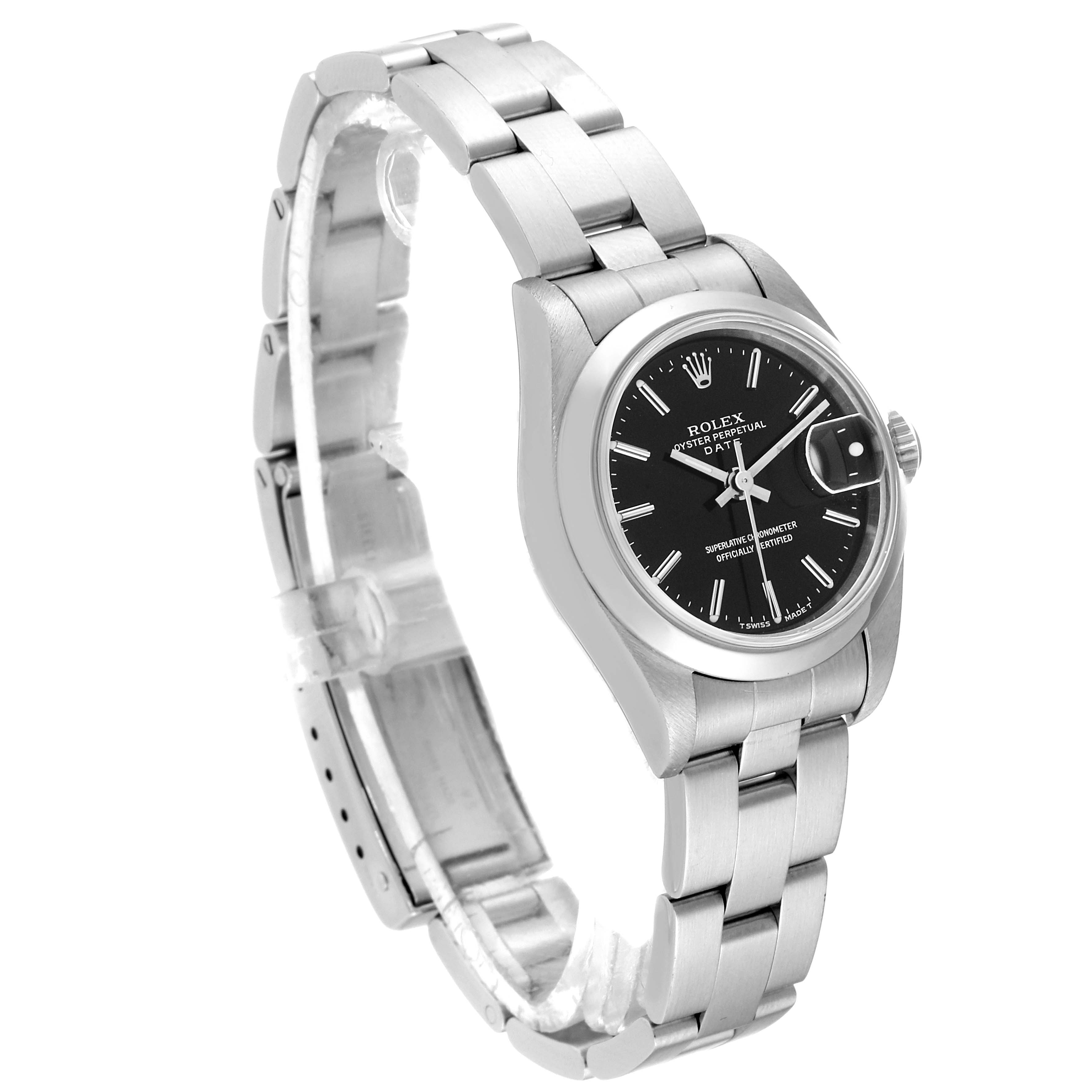 The image shows a Rolex Date 69160 Women's Stainless Steel Black Dial 69160 Women's Stainless Steel Black Dial model watch at a slight angle, highlighting the dial, case, and bracelet.