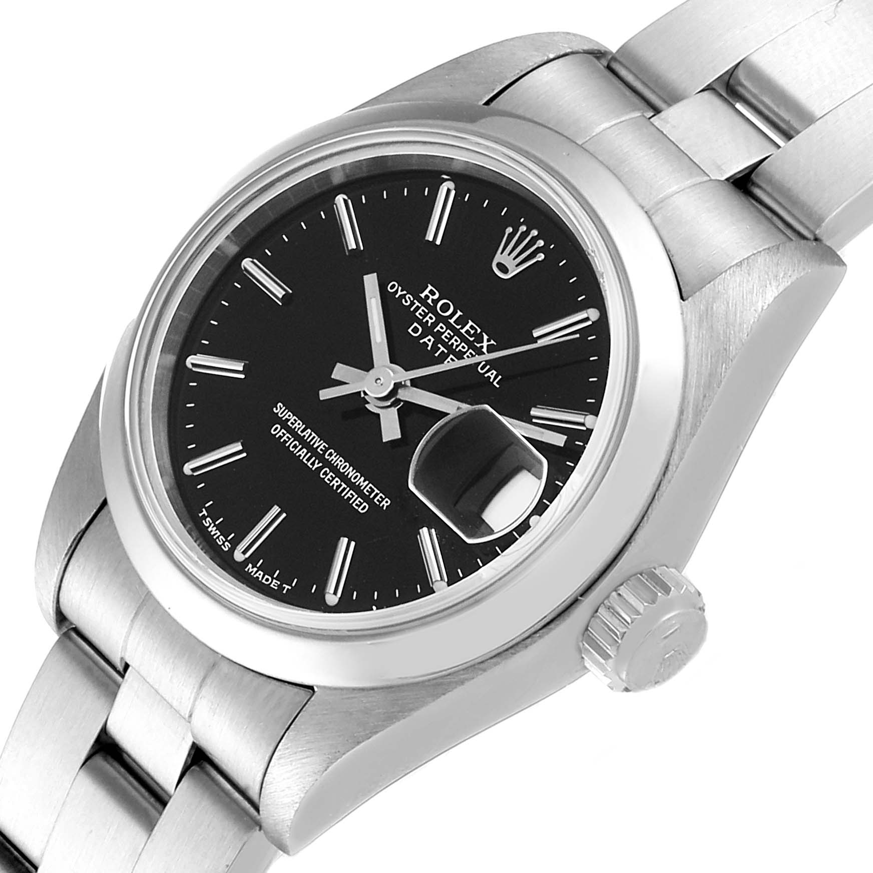 The image shows the face, bezel, crown, and part of the bracelet of a Rolex Date 69160 Women's Stainless Steel Black Dial 69160 Women's Stainless Steel Black Dial model watch from an angled top-down view.