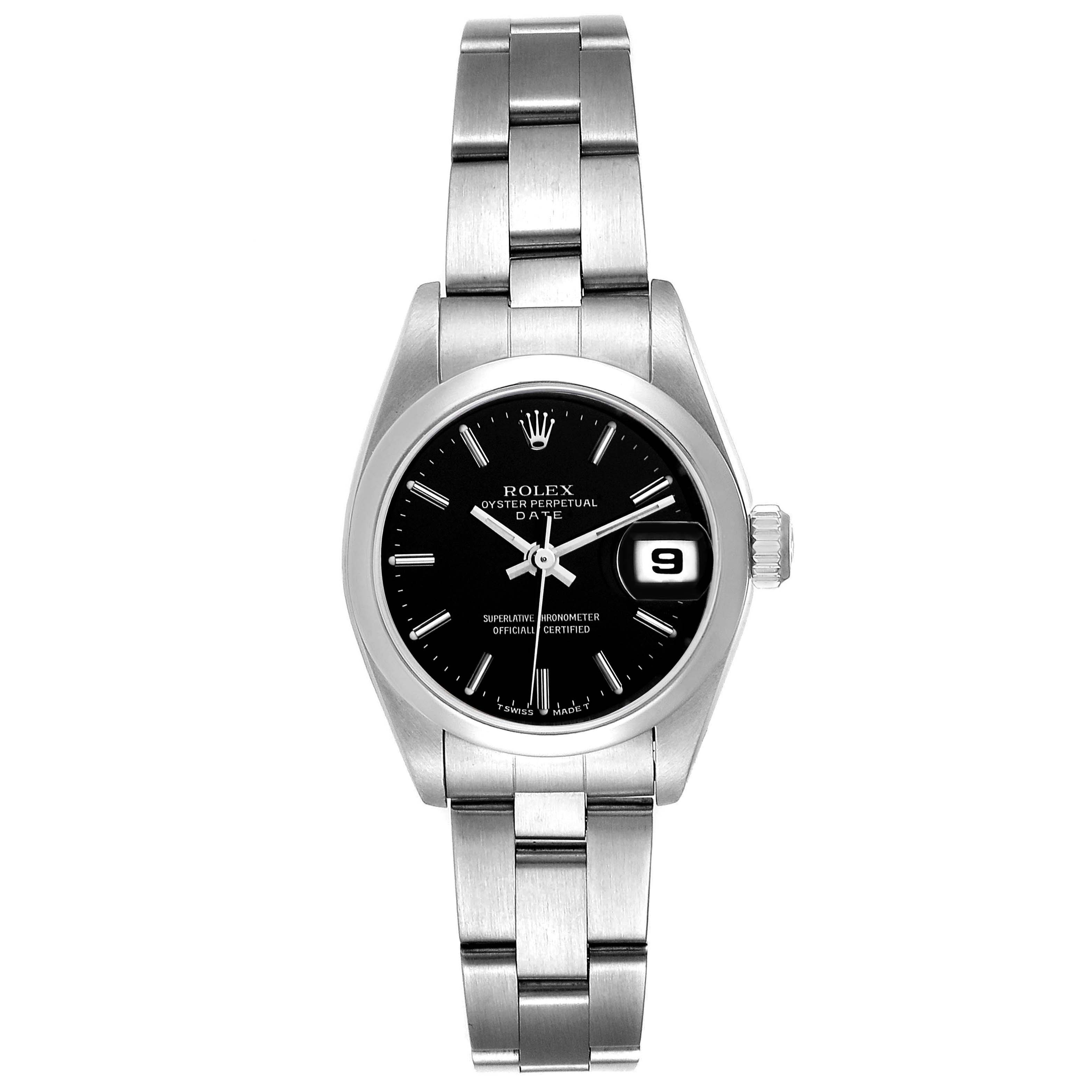 This is a front-view image of a Rolex Date 69160 Women's Stainless Steel Black Dial 69160 Women's Stainless Steel Black Dial watch, showing the full face, bezel, crown, and bracelet.