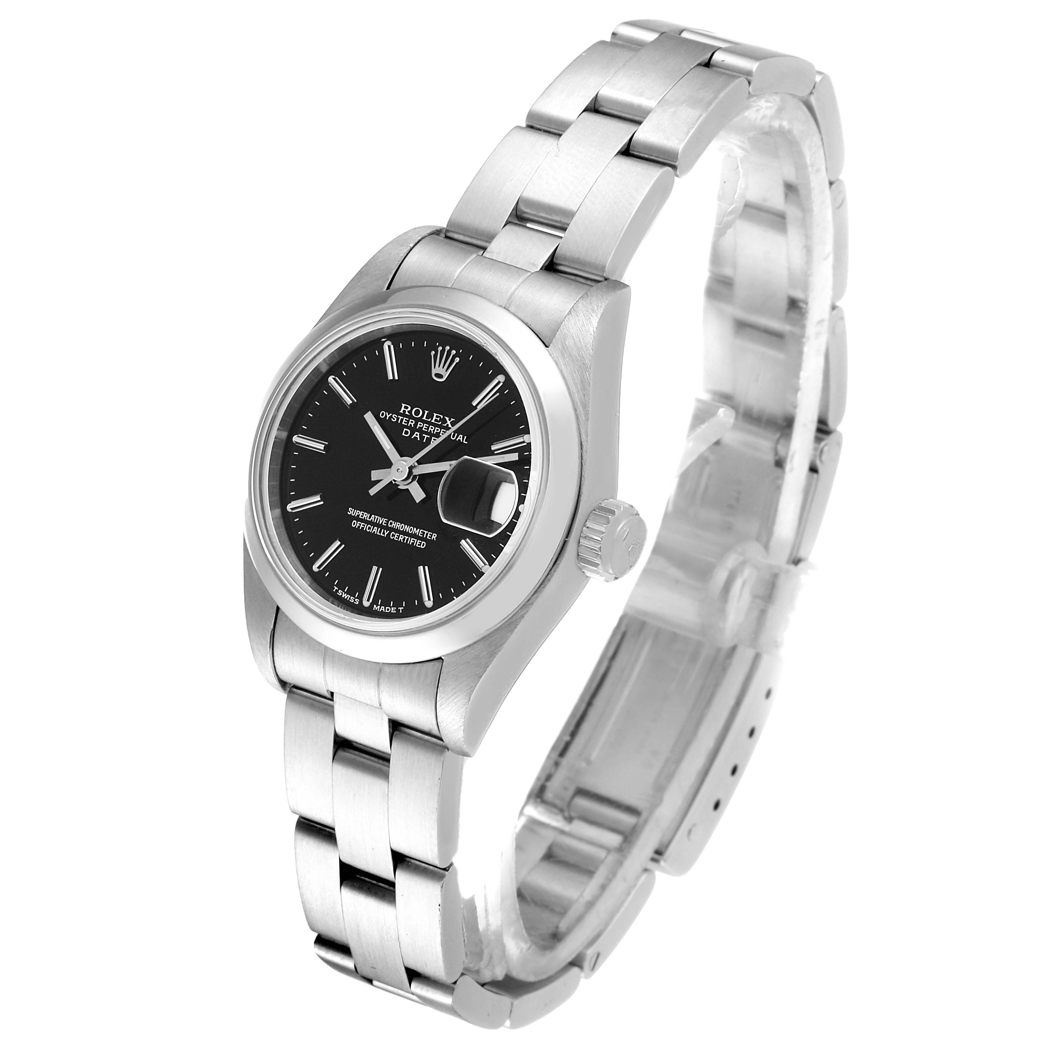 The Rolex Date 69160 Women's Stainless Steel Black Dial 69160 Women's Stainless Steel Black Dial watch is shown at an angled view, highlighting its face, band, and crown.