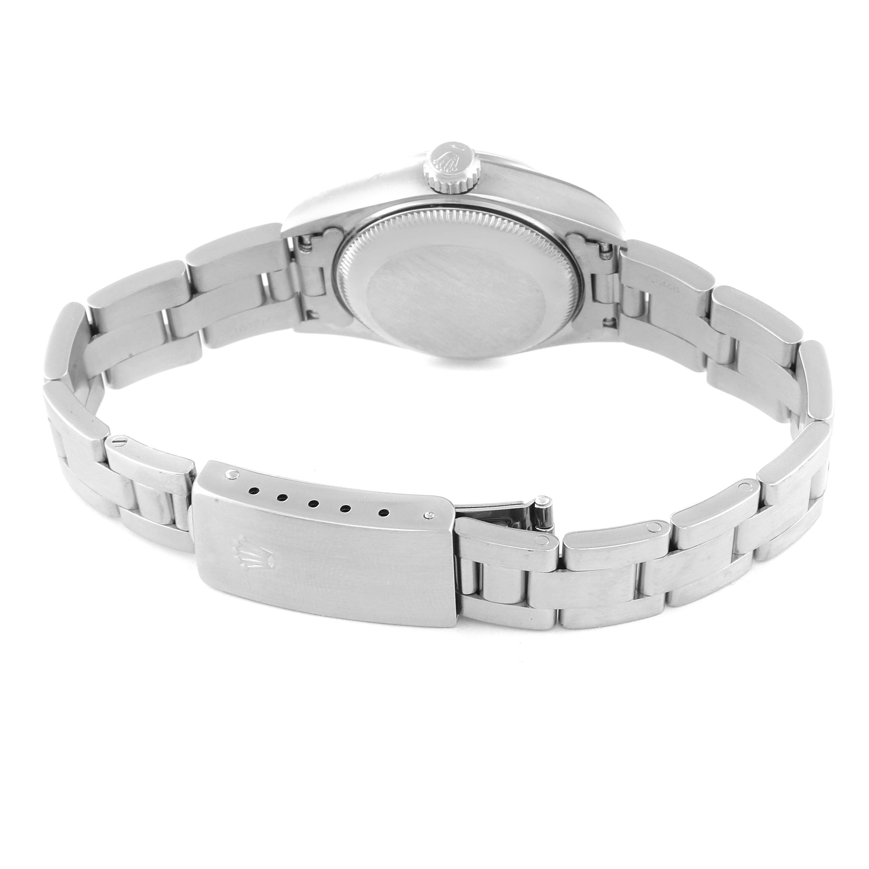 The image shows the back of the stainless steel bracelet and the case back of a Rolex Date 69160 Women's Stainless Steel Black Dial 69160 Women's Stainless Steel Black Dial model watch.