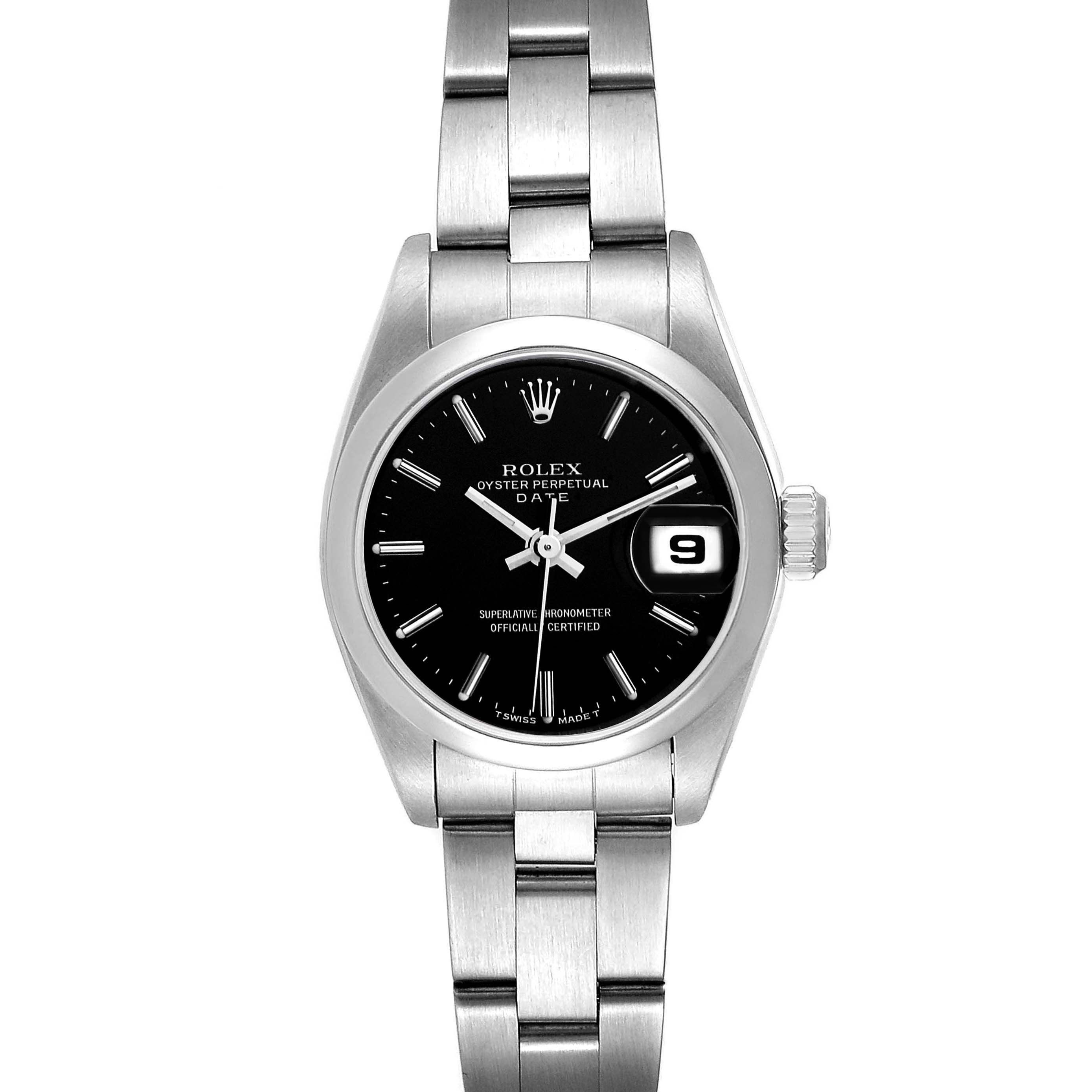 The image shows a front view of a Rolex Date 69160 Women's Stainless Steel Black Dial 69160 Women's Stainless Steel Black Dial watch, highlighting its black dial, date window, and stainless steel bracelet.