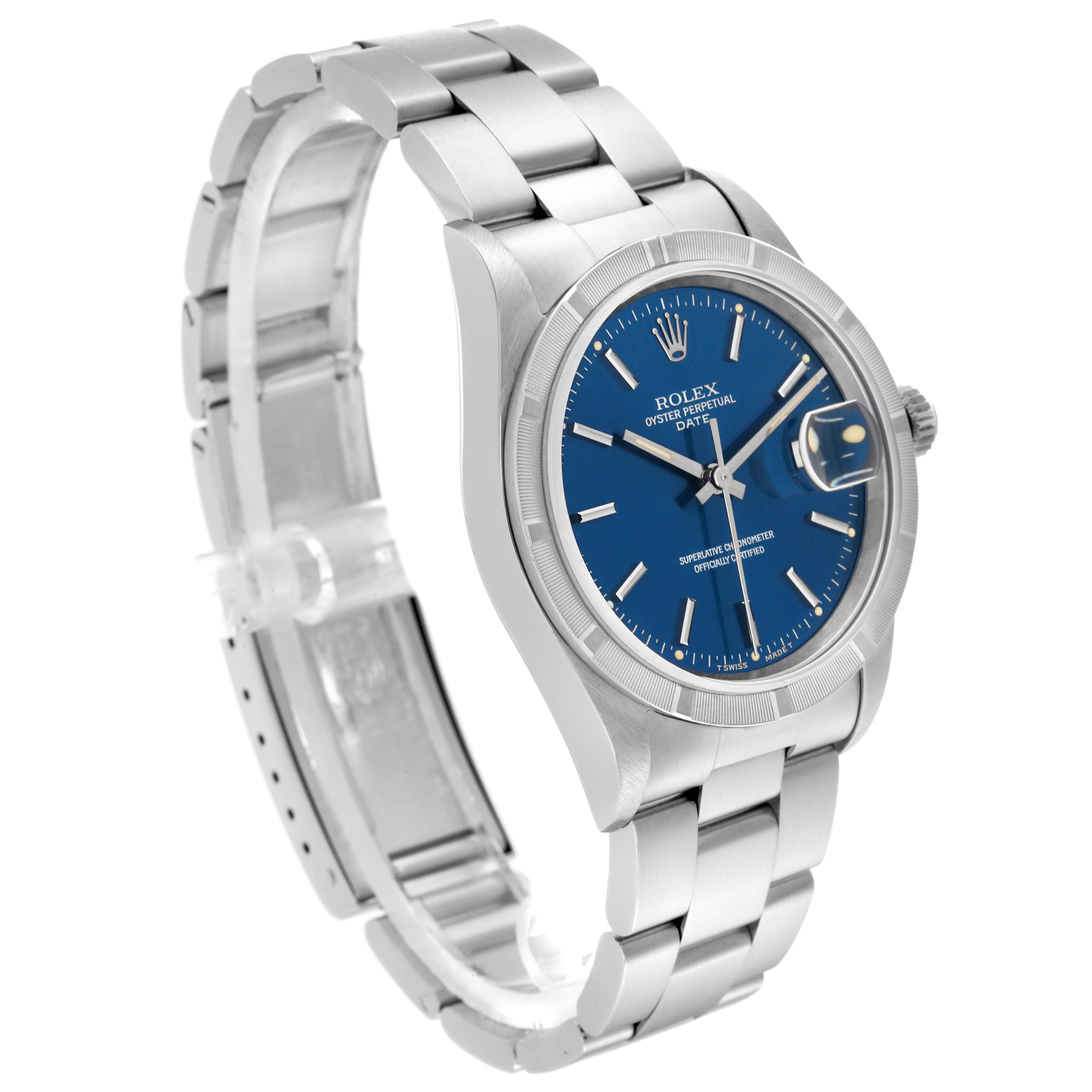 The image shows a side angle view of a Rolex Date 15210 Men's Stainless Steel Blue Dial 15210 Men's Stainless Steel Blue Dial model watch, highlighting the bracelet, case, and blue dial.