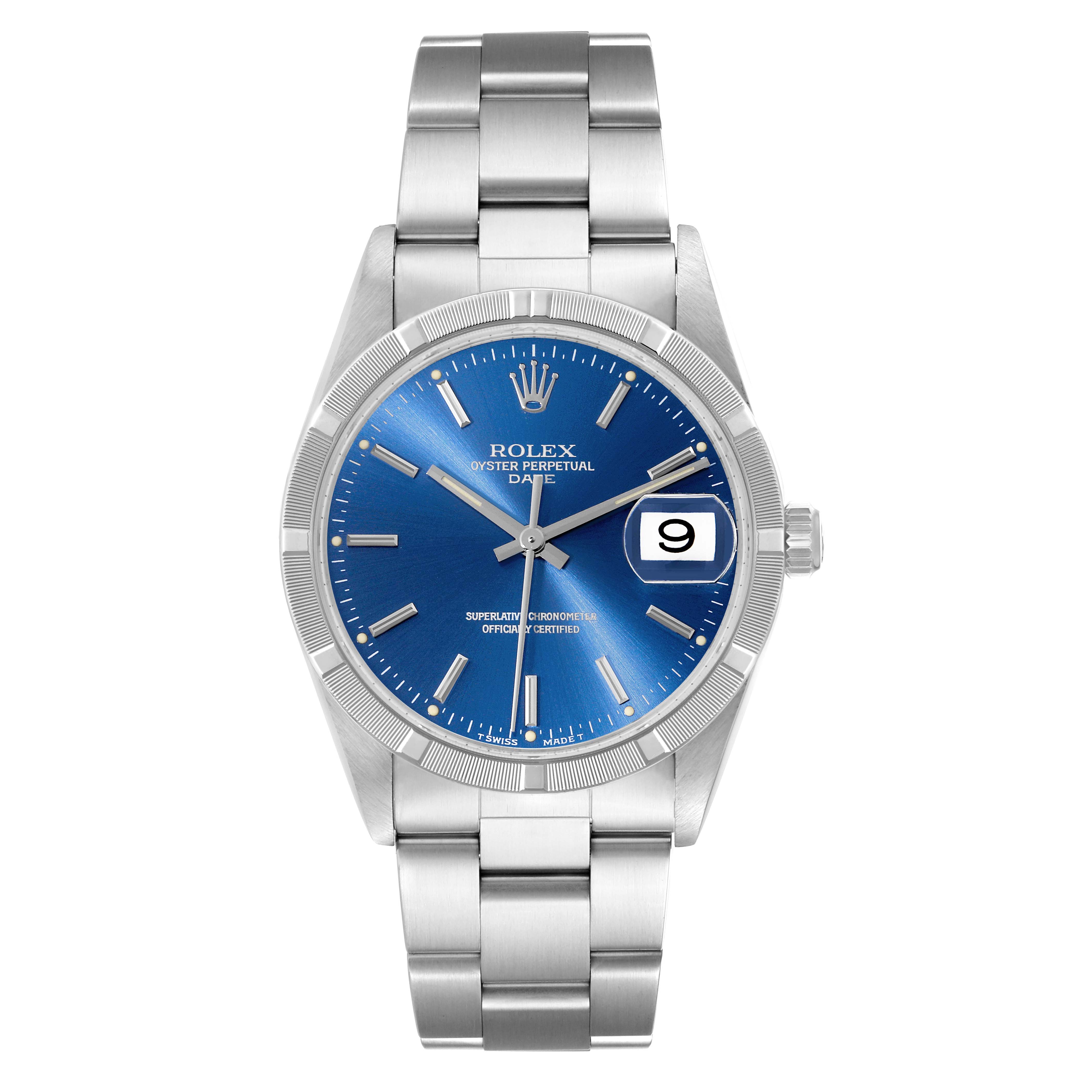 This image shows a front view of the Rolex Oyster Perpetual Date with a stainless steel bracelet and blue dial.