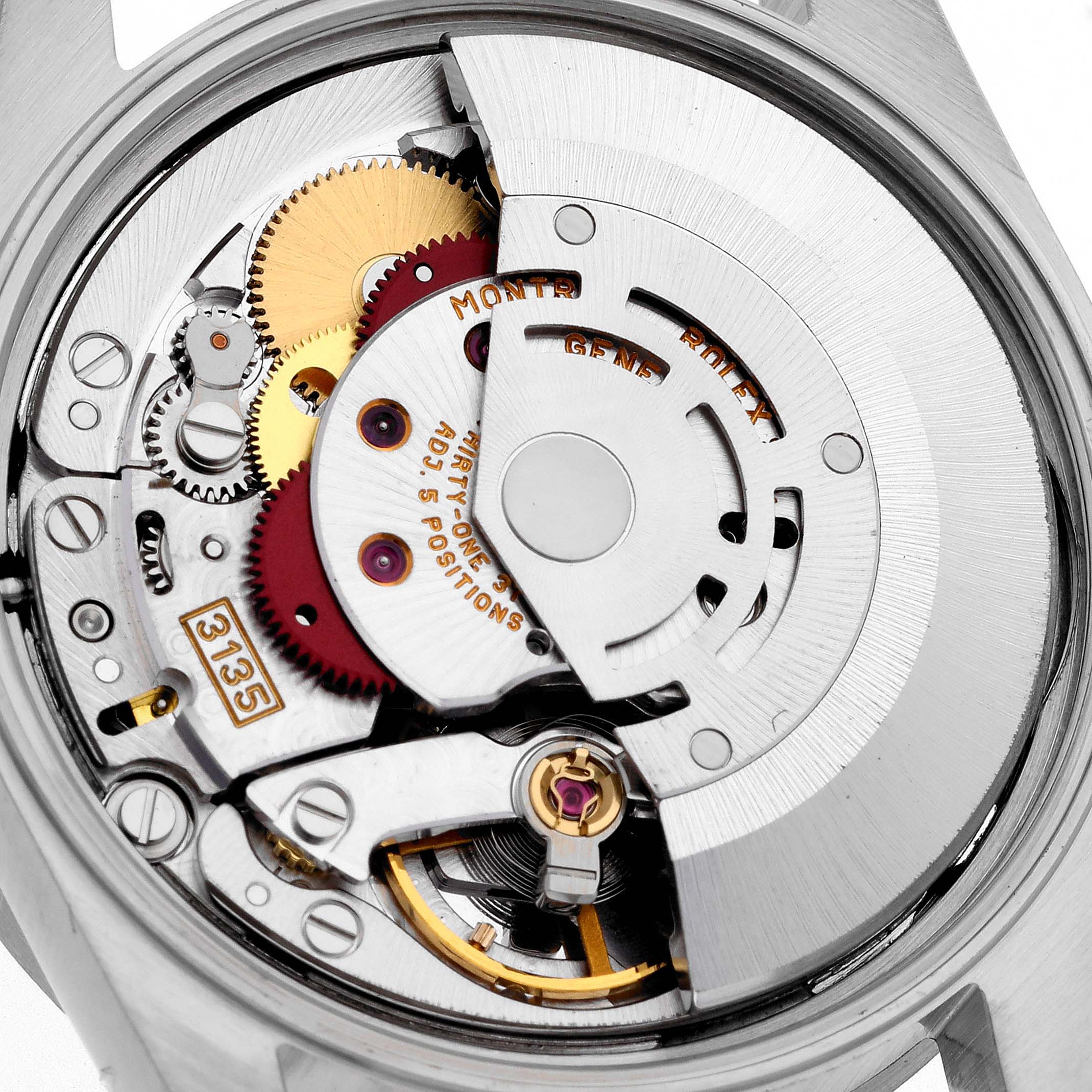 This close-up image shows the internal movement mechanism of a Rolex Date 15210 Men's Stainless Steel Blue Dial 15210 Men's Stainless Steel Blue Dial model watch.