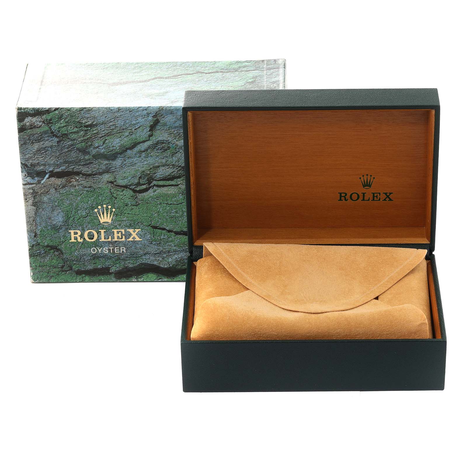 The image shows a Rolex Date 15210 Men's Stainless Steel Blue Dial 15210 Men's Stainless Steel Blue Dial model watch box and packaging with the lid open, revealing a tan protective pouch.