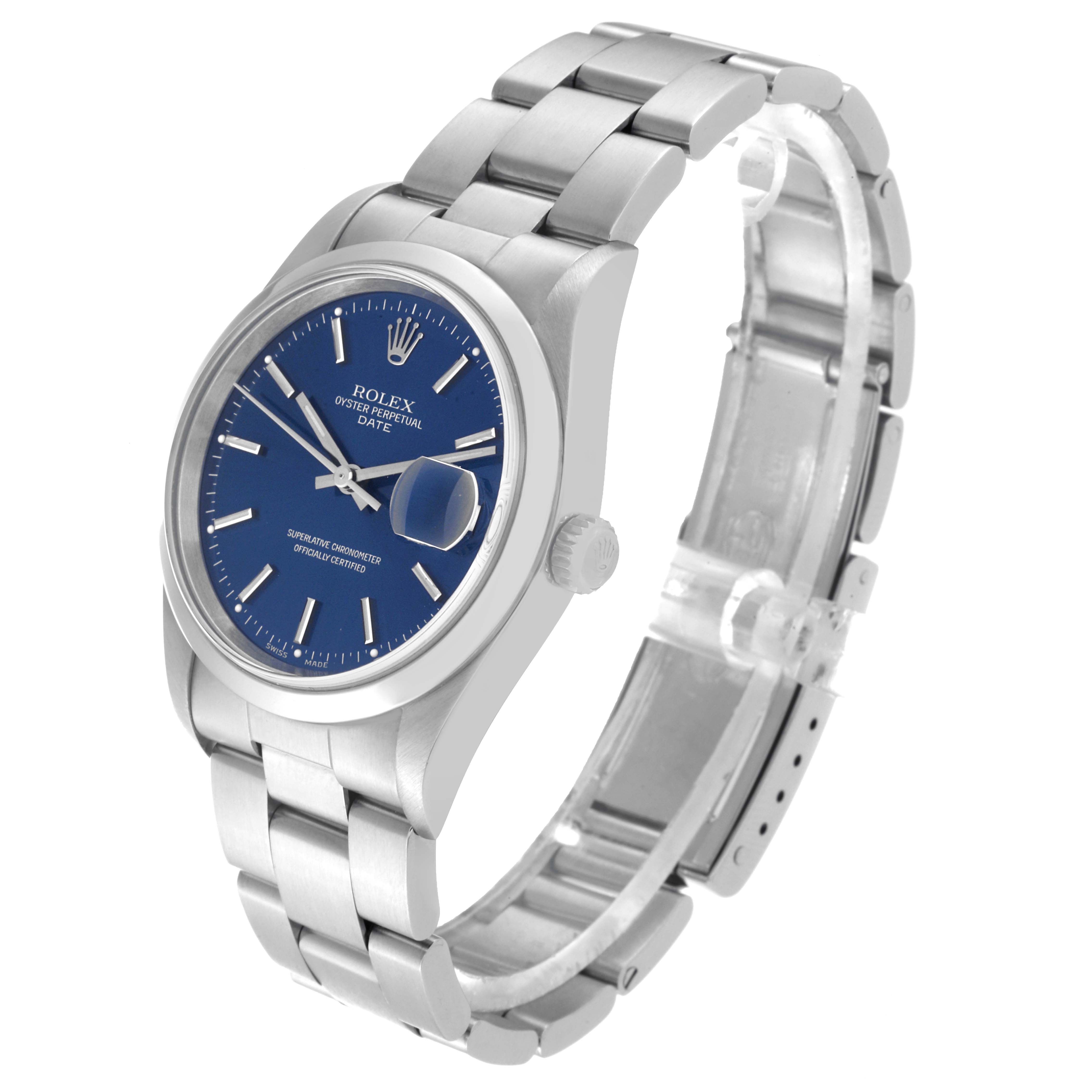The image shows a side-angle view of a Rolex Date 15200 Men's Stainless Steel Blue Dial 15200 Men's Stainless Steel Blue Dial watch, highlighting its blue dial, bracelet, and crown.