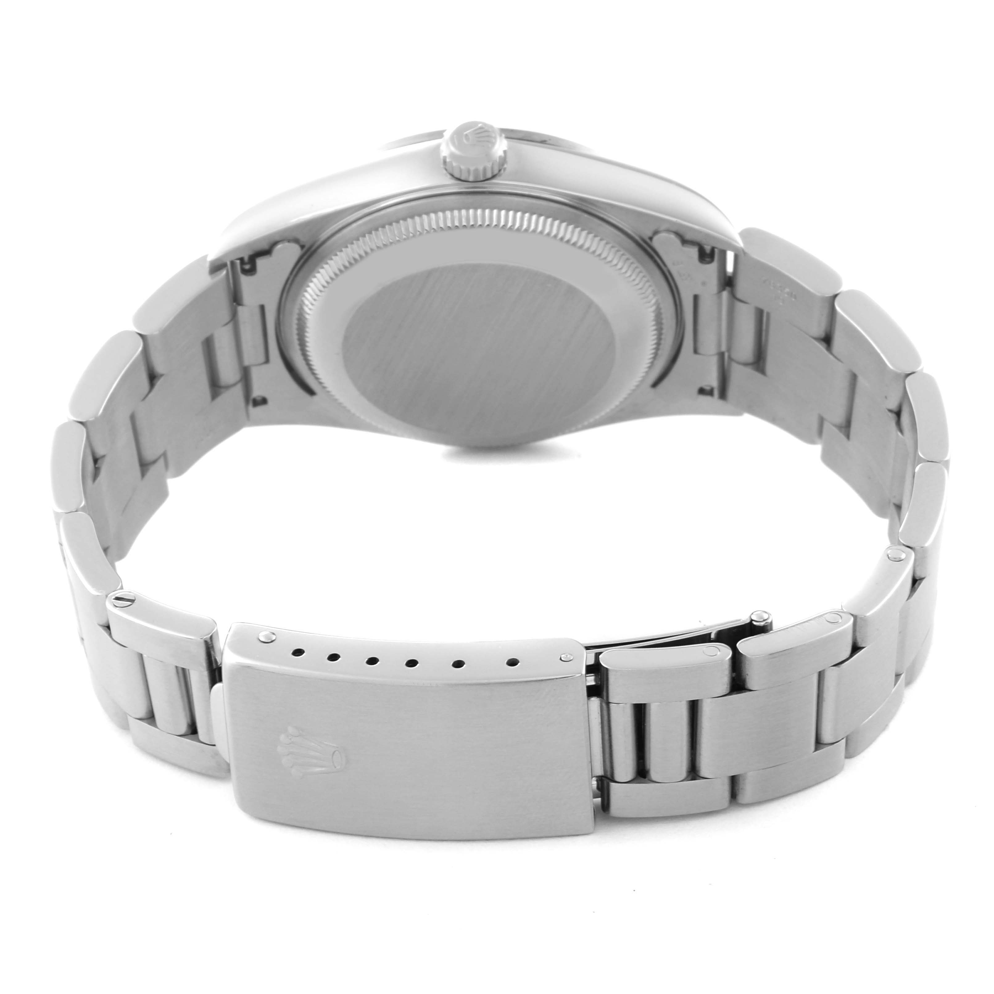 This image shows the back view of a Rolex Date 15200 Men's Stainless Steel Blue Dial 15200 Men's Stainless Steel Blue Dial watch, highlighting the case back, bracelet, and clasp.