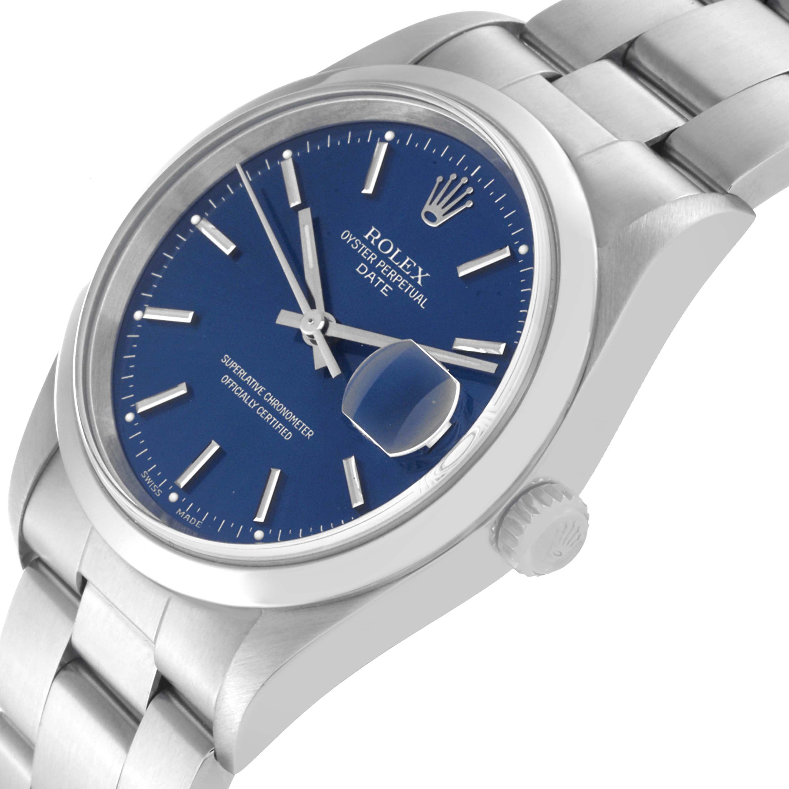 This image shows a Rolex Date 15200 Men's Stainless Steel Blue Dial 15200 Men's Stainless Steel Blue Dial model watch at an angled close-up, displaying the face, crown, and bracelet.