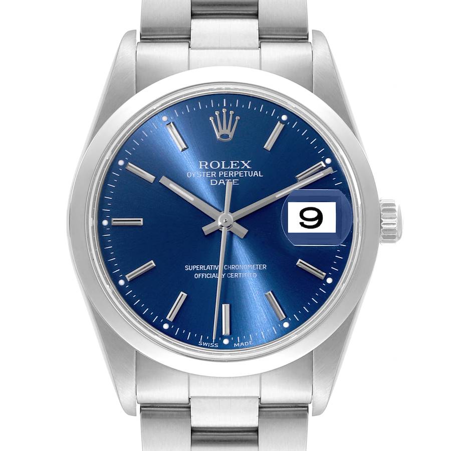 The image shows a frontal view of the Rolex Oyster Perpetual Date watch, highlighting its blue dial and date window.