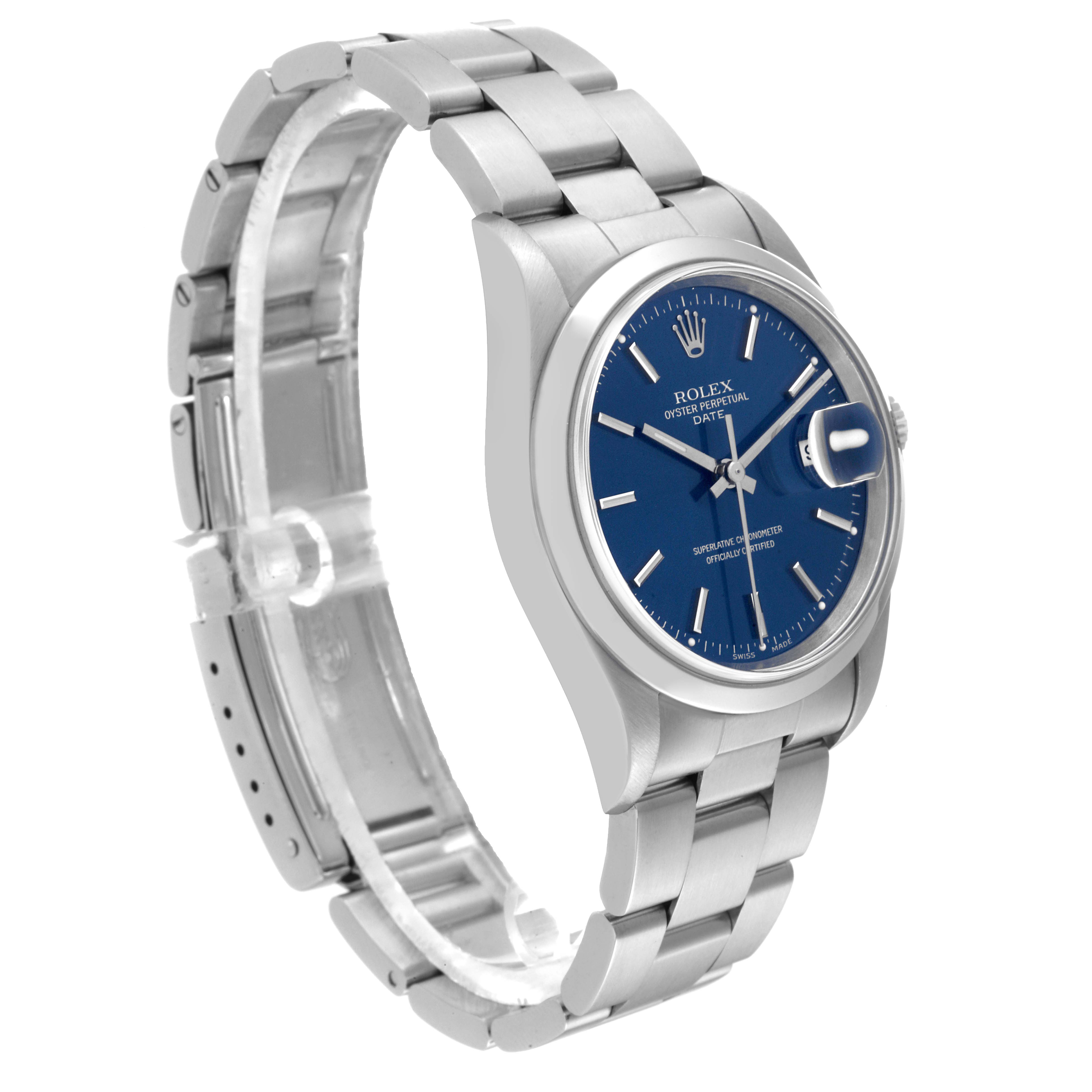 The image shows a Rolex Date 15200 Men's Stainless Steel Blue Dial 15200 Men's Stainless Steel Blue Dial model watch with a stainless steel bracelet and blue dial, viewed at an angled side shot.