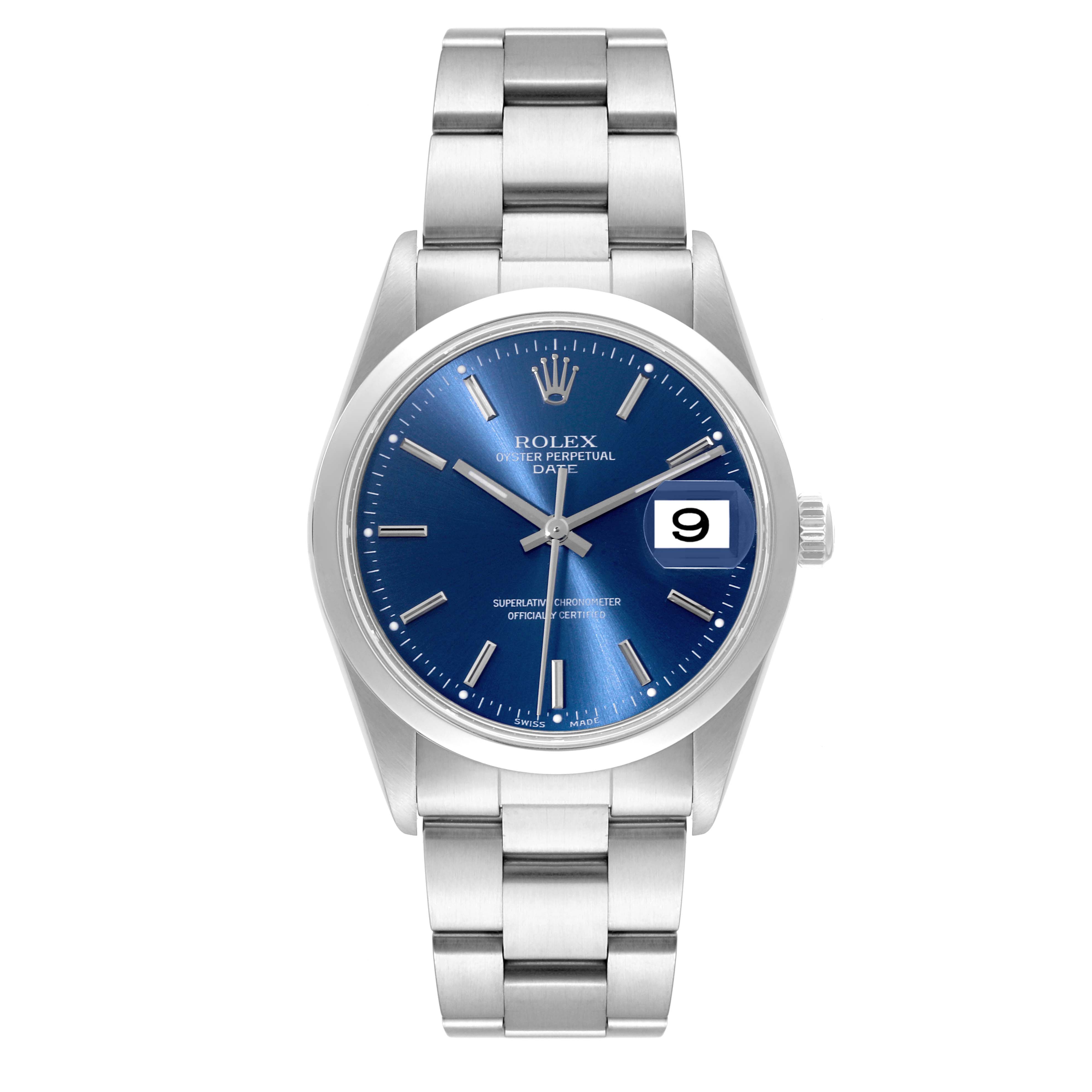 This image shows a front view of a Rolex Date 15200 Men's Stainless Steel Blue Dial 15200 Men's Stainless Steel Blue Dial Model watch, including the dial, bracelet, and date window.