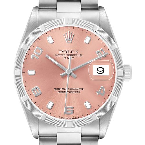 Photo of Rolex Date Salmon Dial Engine Turned Bezel Steel Mens Watch 15210