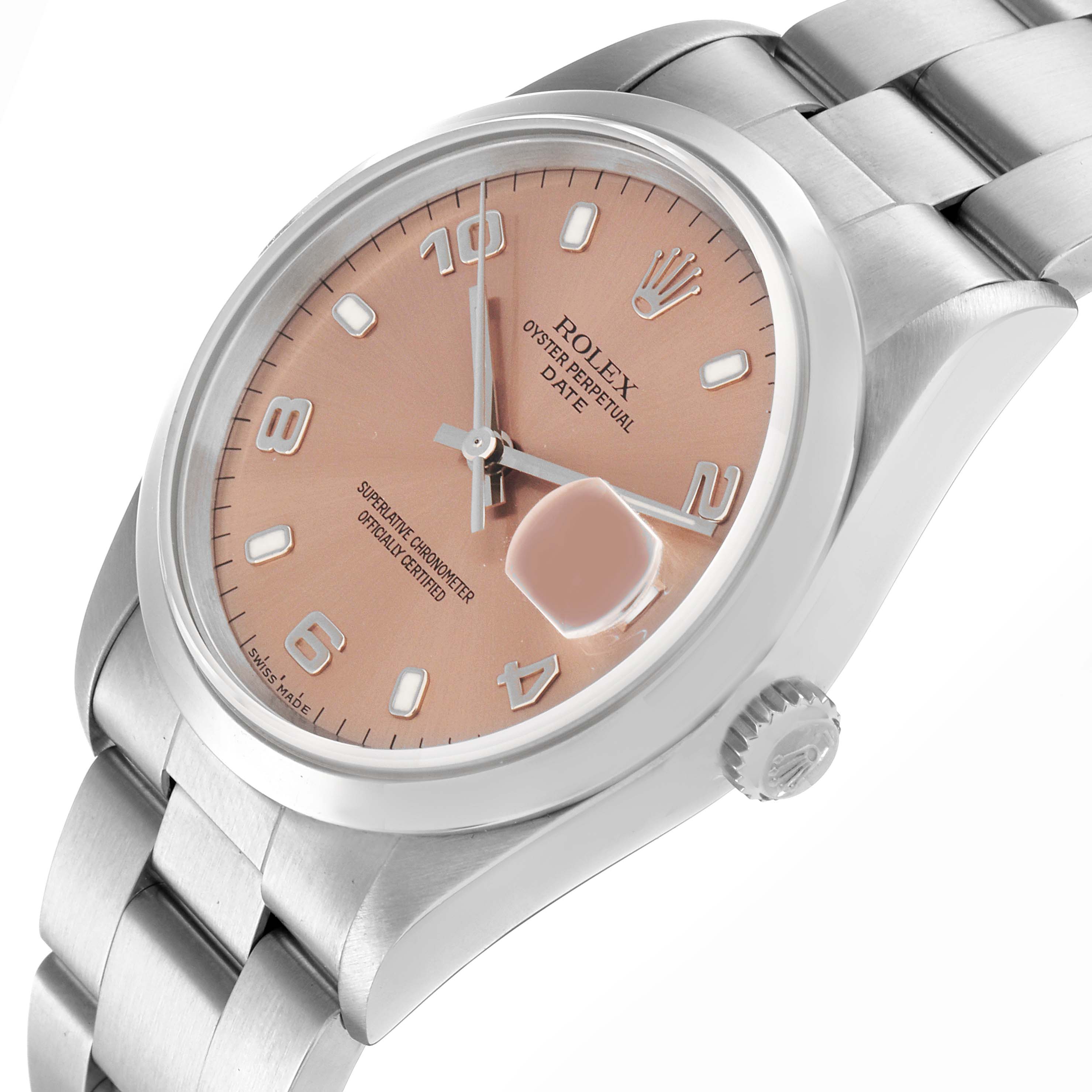 The Rolex Date 15200 Men's Stainless Steel Pink Dial 15200 Men's Stainless Steel Pink Dial watch is shown at an angled side view, highlighting the dial, crown, bracelet, and magnified date window.