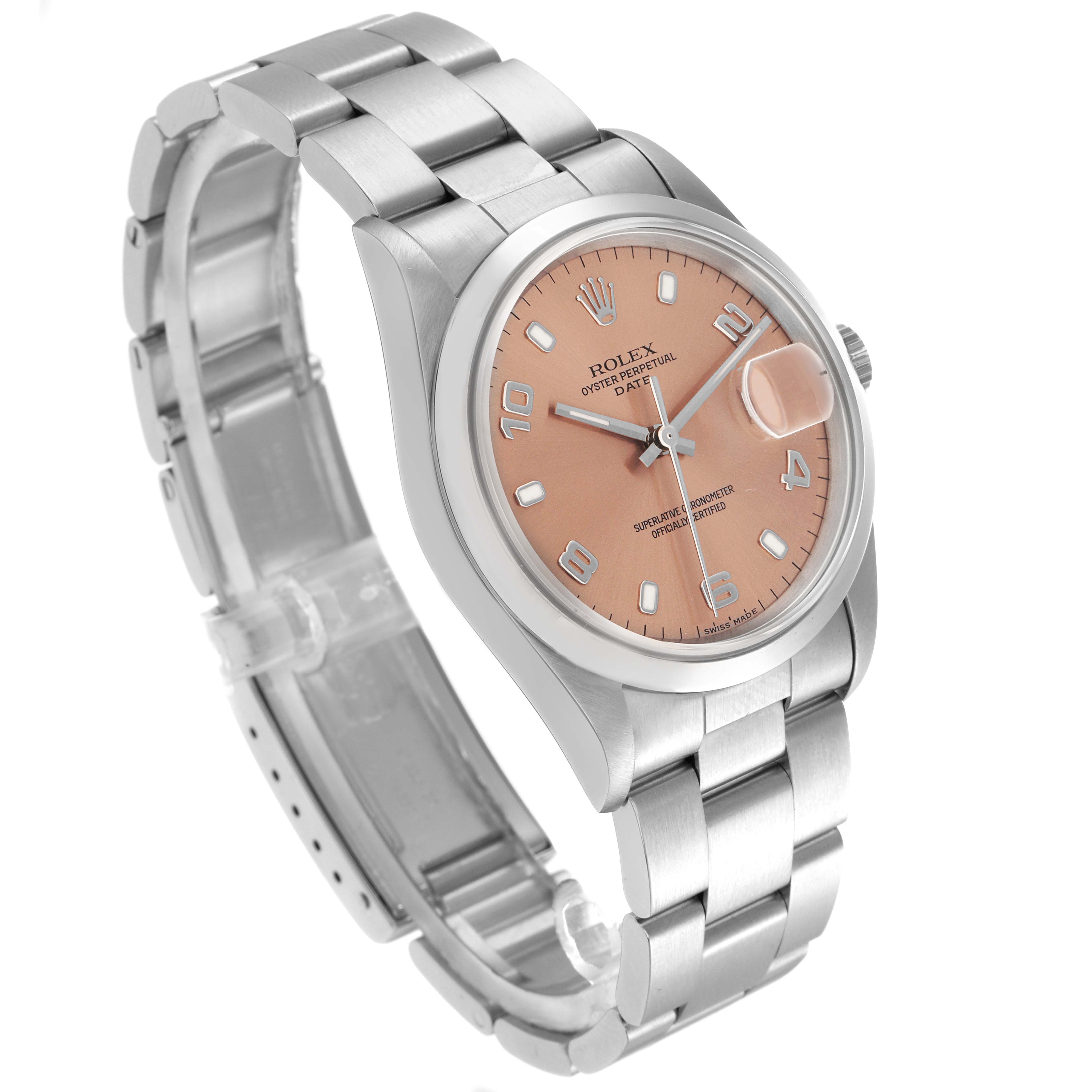 The Rolex Date 15200 Men's Stainless Steel Pink Dial 15200 Men's Stainless Steel Pink Dial watch is shown at a three-quarter angle, displaying its face, bracelet, and crown.