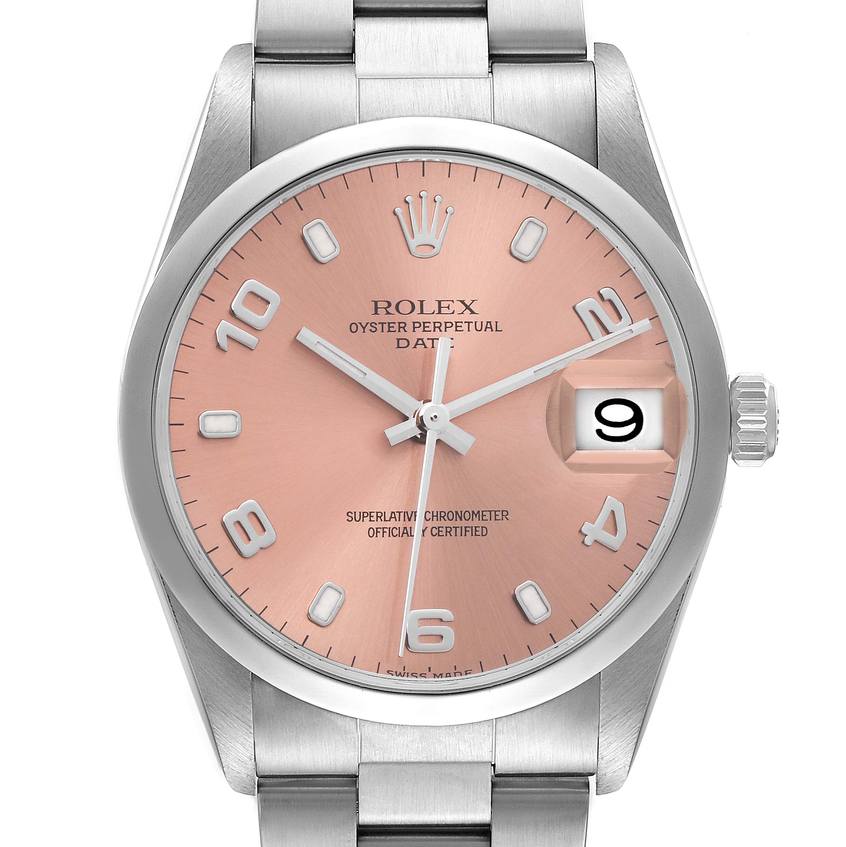 The Rolex Date 15200 Men's Stainless Steel Pink Dial 15200 Men's Stainless Steel Pink Dial model is shown from a front angle, highlighting the dial, crown, and part of the bracelet.