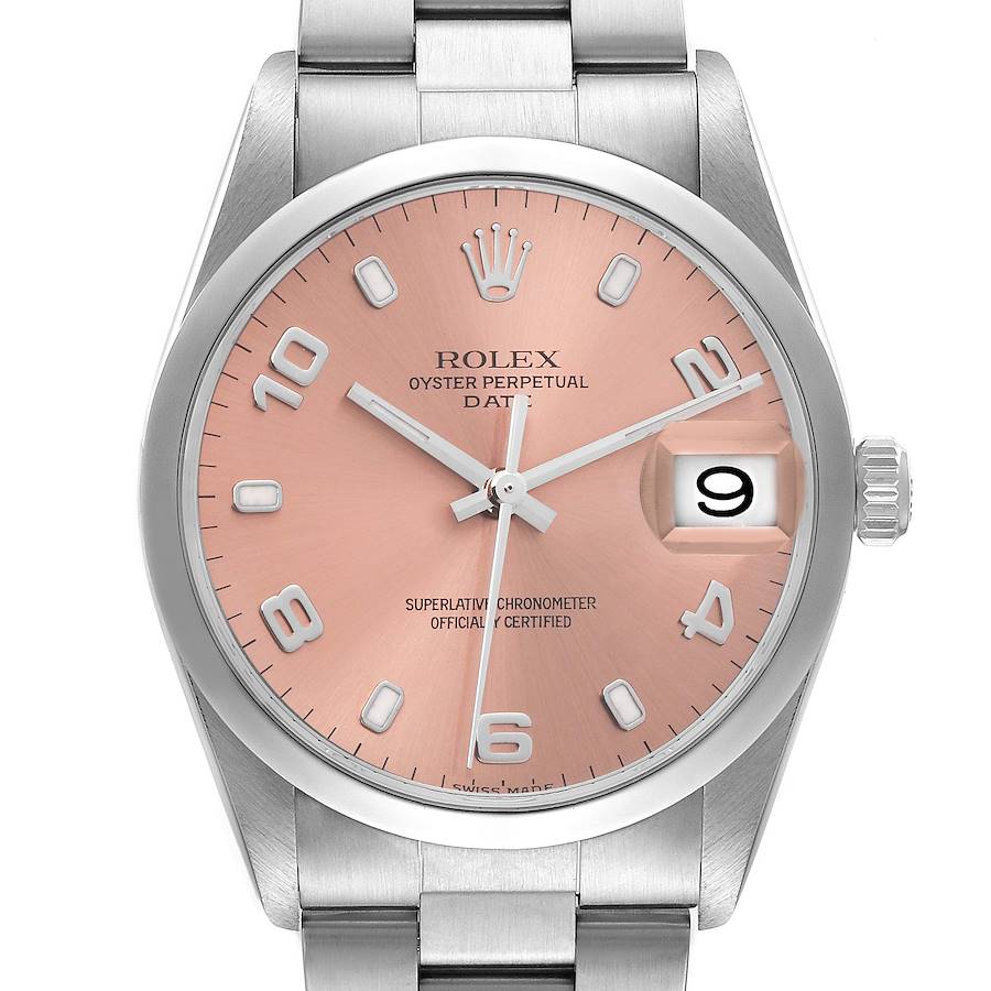 The Rolex Date model is shown from a front angle, highlighting the dial, crown, and part of the bracelet.