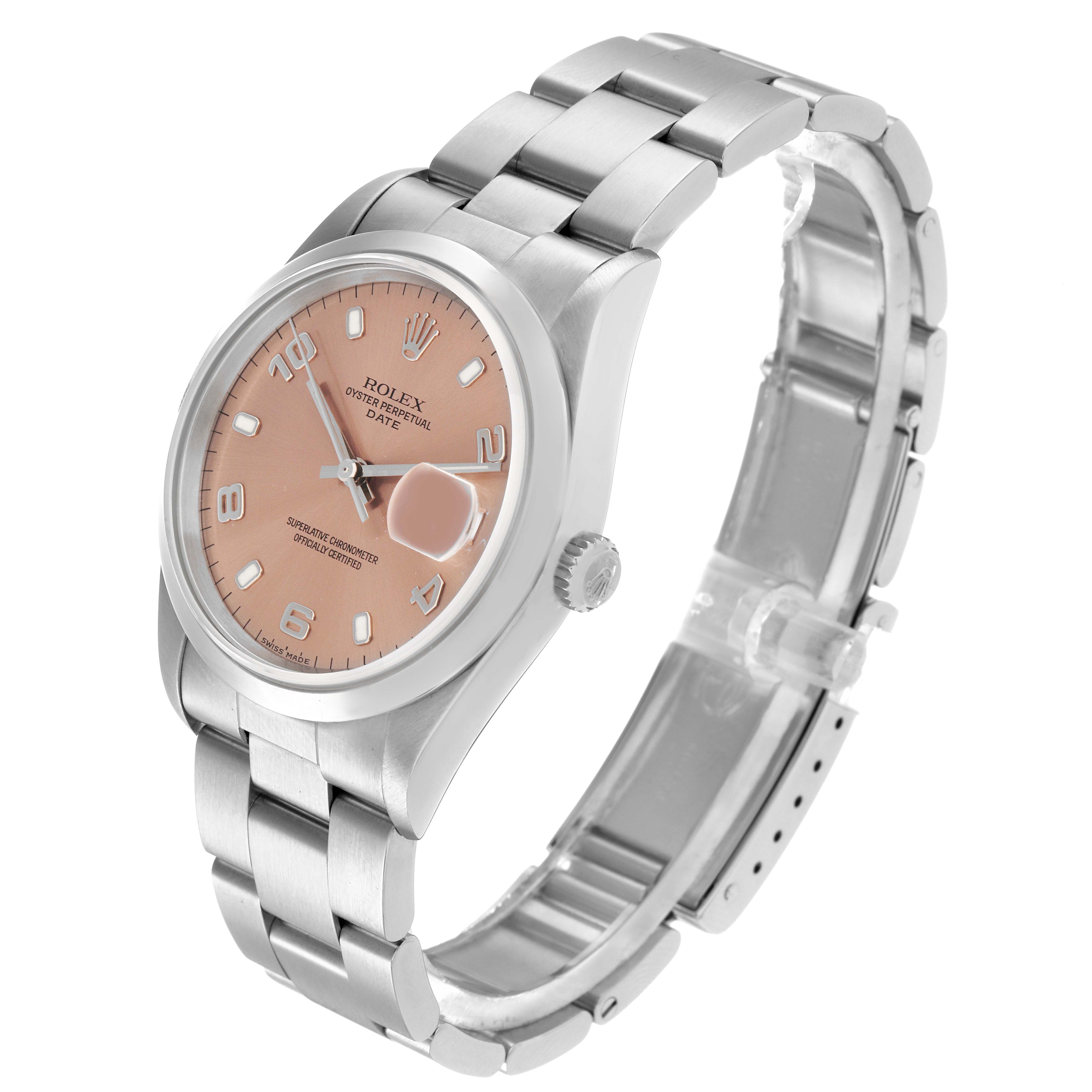 The Rolex Date 15200 Men's Stainless Steel Pink Dial 15200 Men's Stainless Steel Pink Dial watch is shown at an angled view, highlighting the dial, bezel, and bracelet.