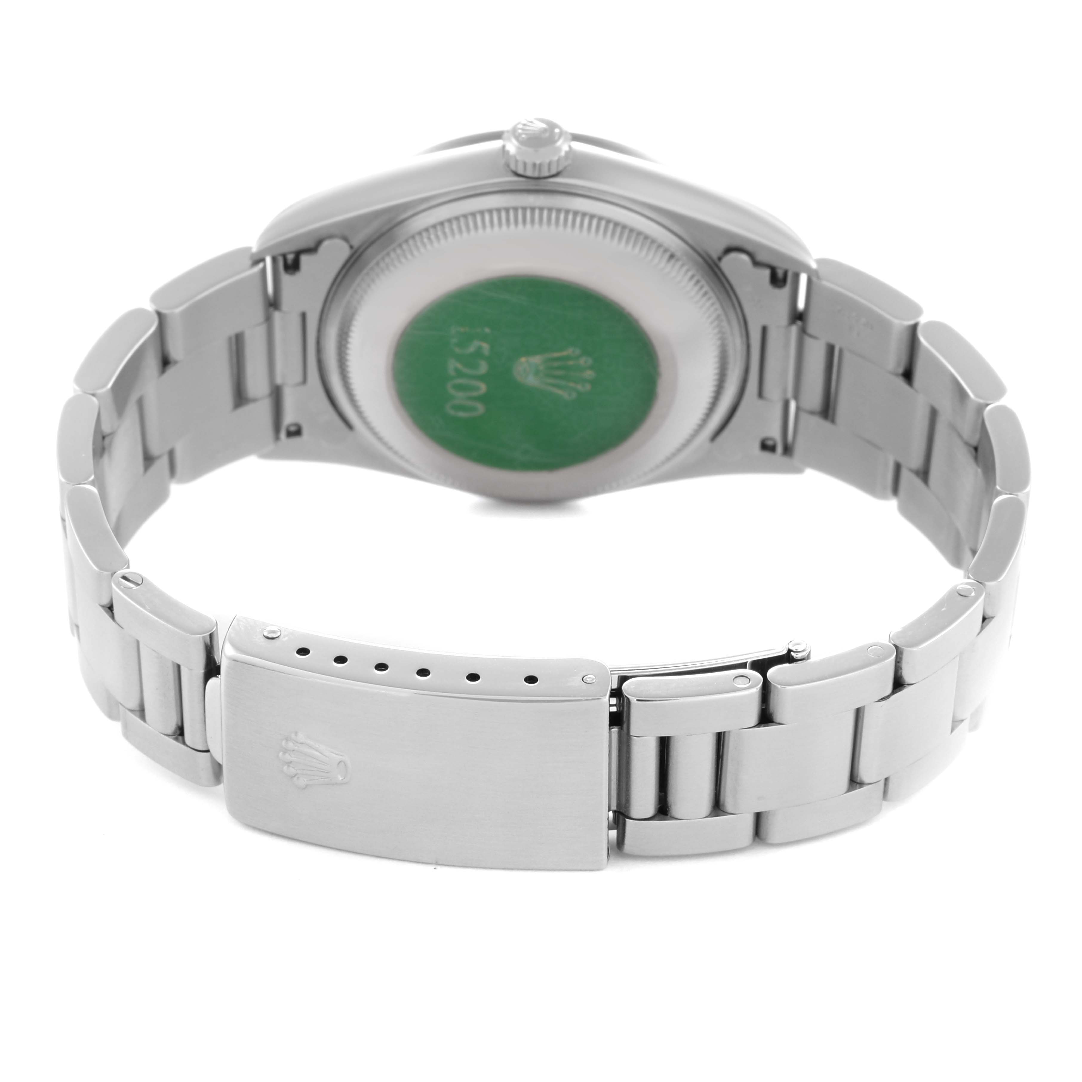 The Rolex Date 15200 Men's Stainless Steel Pink Dial 15200 Men's Stainless Steel Pink Dial watch is shown from the back, highlighting the clasp, bracelet, and case back.