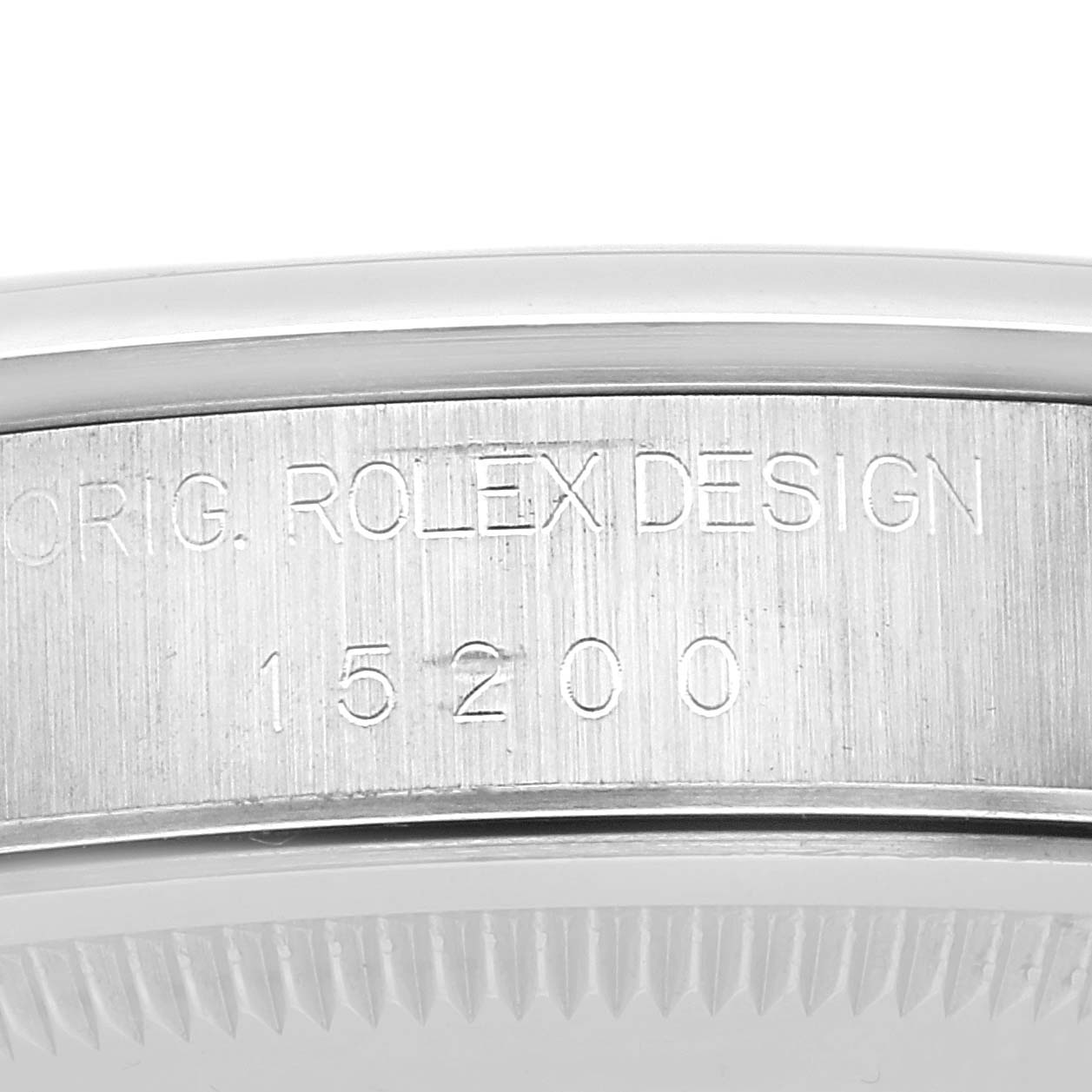 The image shows the side of the Rolex Date 15200 Men's Stainless Steel Pink Dial 15200 Men's Stainless Steel Pink Dial model featuring the engraved text on the case.