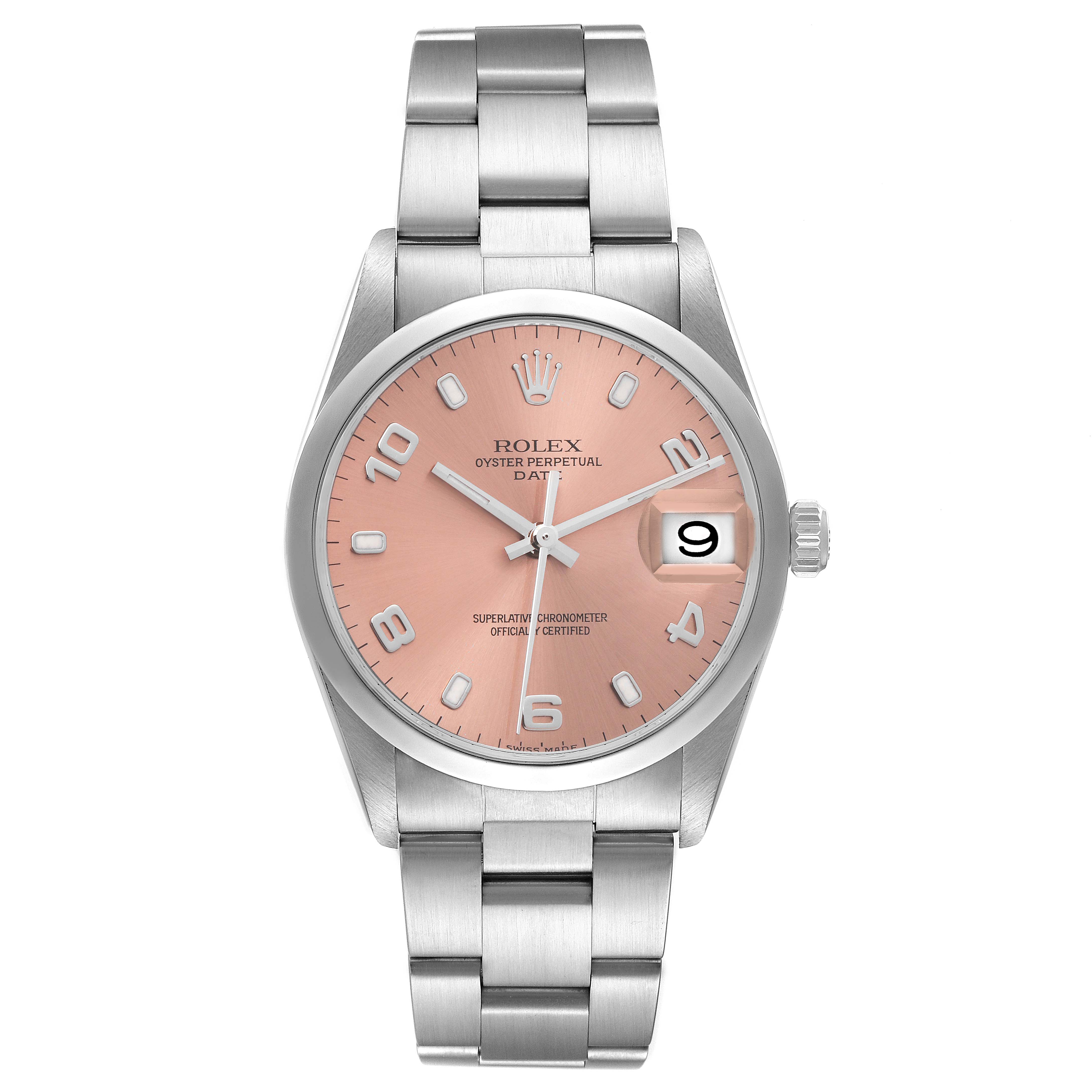 The Rolex Date 15200 Men's Stainless Steel Pink Dial 15200 Men's Stainless Steel Pink Dial watch is shown from a front view, highlighting its pink dial, silver hands, and date window at 3 o'clock.