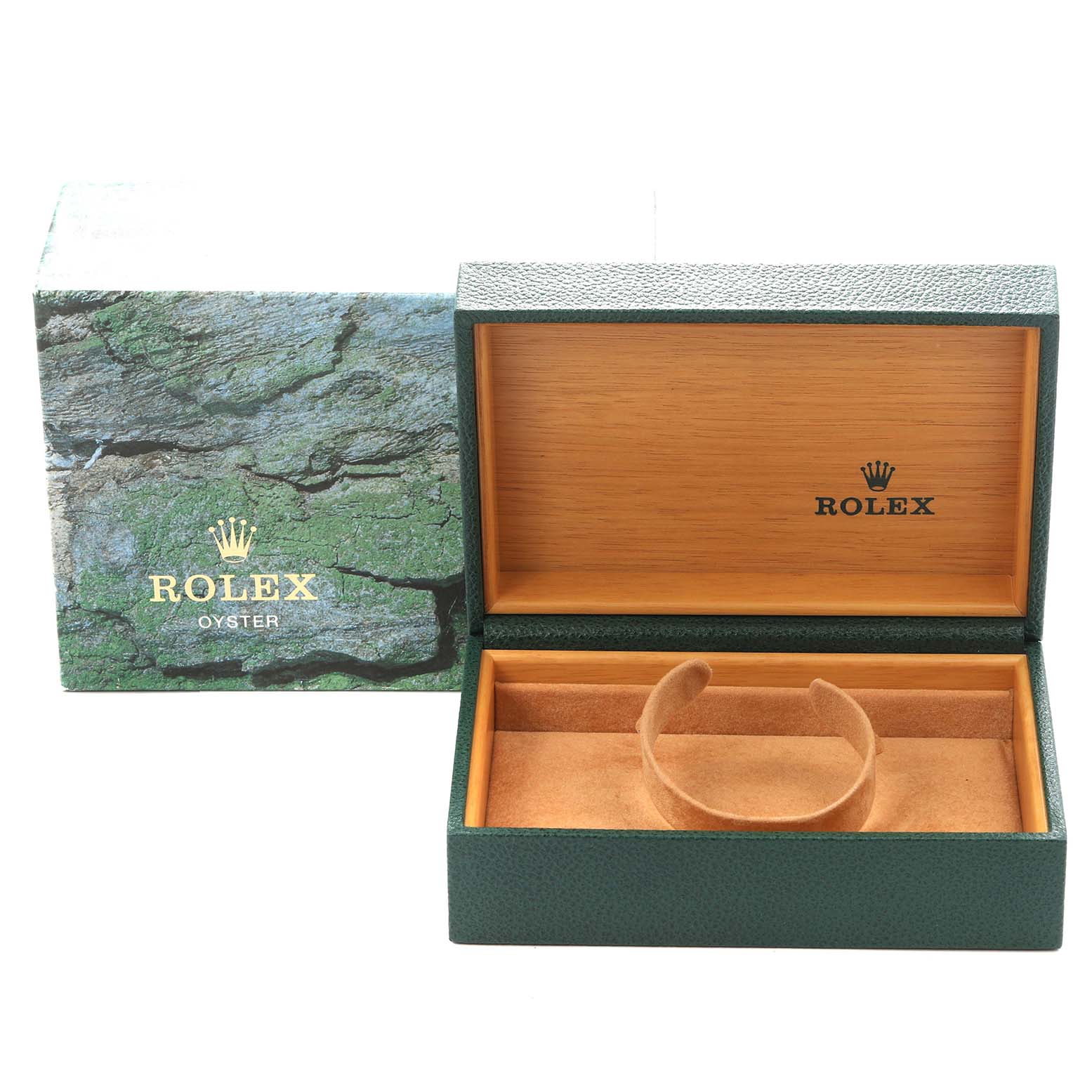 The image shows a Rolex Date 15200 Men's Stainless Steel Pink Dial 15200 Men's Stainless Steel Pink Dial model watch box at an angle, displaying the interior, cushion, and outer packaging.