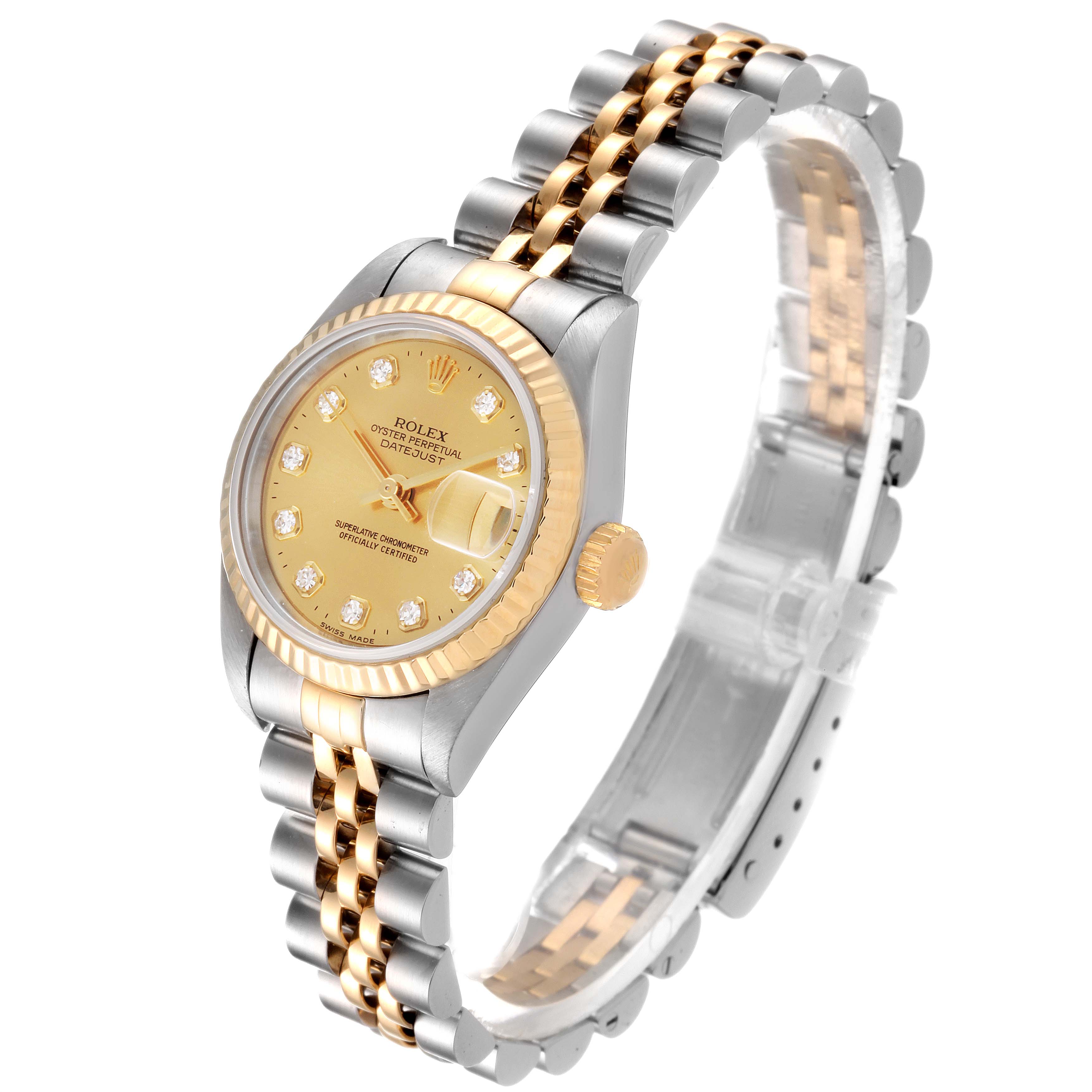 The Rolex Datejust 69173 Women
s Steel and Gold (two tone) Champagne Dial 69173 Women
s Steel and Gold (two tone) Champagne Dial watch is shown at a slight angle, highlighting the gold dial, fluted bezel, two-tone bracelet, and date magnifier.